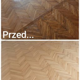 Monika Butryn - Parkiet ułożony w jodełkę, w dwóch odsłonach: 'Przed...' z widocznymi zarysowaniami i zabrudzeniami oraz 'Finał' - po renowacji, jasny i odświeżony.