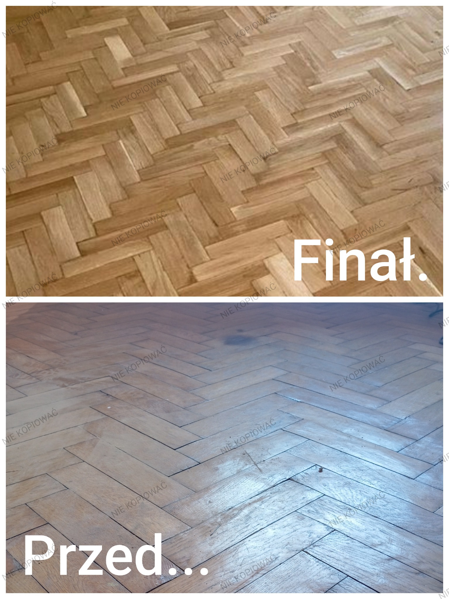 Porównanie podłogi parkietowej przed i po renowacji: dolna część zdjęcia ukazuje starą, matową powierzchnię, a górna odnowioną, błyszczącą w jodełkę.