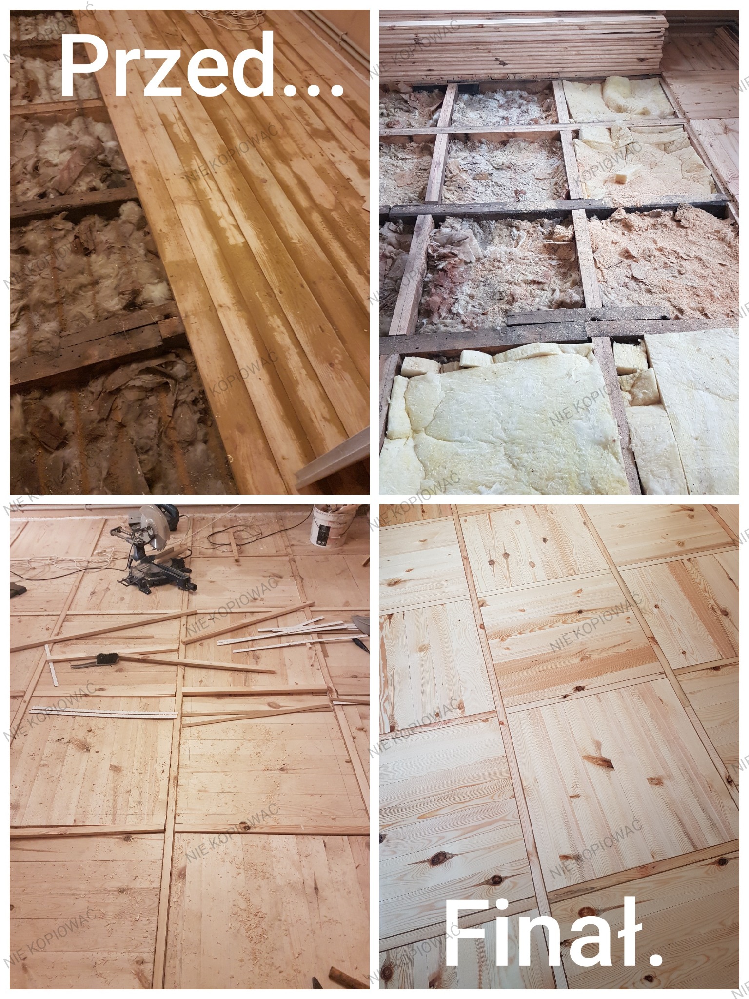 Montaż drewnianej podłogi w czterech etapach: od odkrytej konstrukcji z izolacją, przez układanie desek, aż po gotową powierzchnię z jasnego drewna.