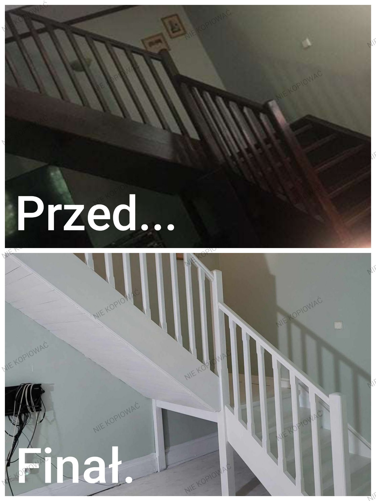 Schody drewniane przed i po renowacji: od ciemnego drewna do jasnej bieli. Widoczne odświeżone balustrady i stopnie, z uwzględnieniem detali wykończenia.