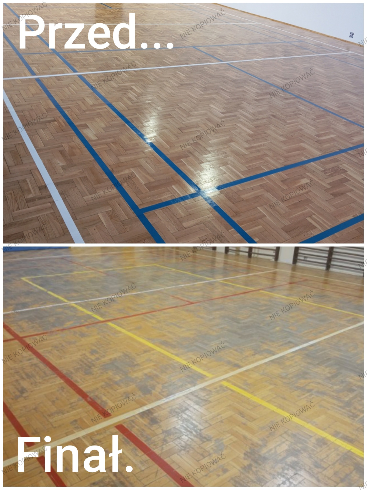 Parkiet hali sportowej przed i po renowacji. Górna część: parkiet z niebieskimi liniami. Dolna część: parkiet po renowacji z żółtymi i czerwonymi liniami. Układ w jodełkę.