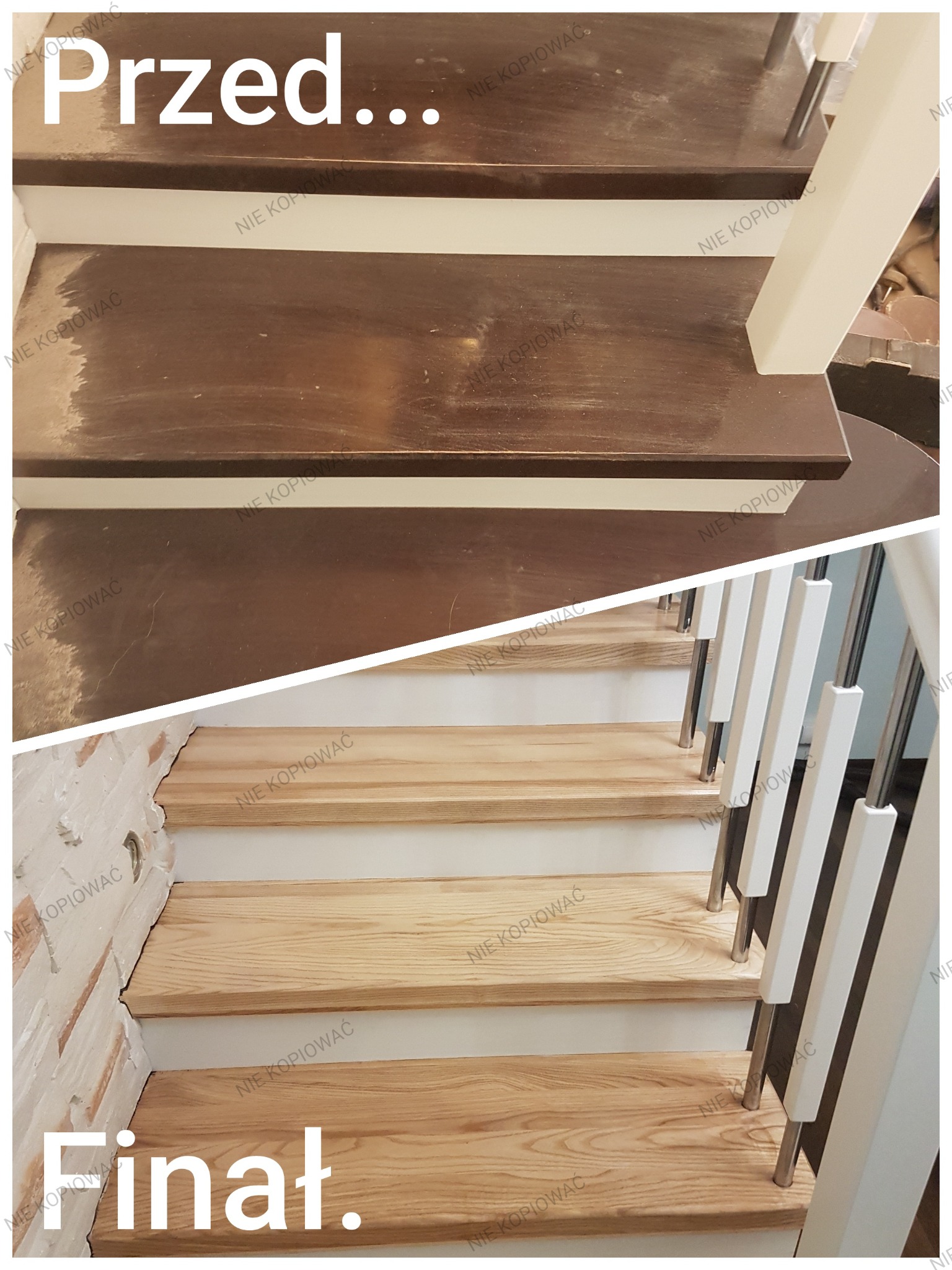 Schody drewniane: widok przed i po renowacji. Górna część pokazuje zniszczone stopnie, dolna odnowione, jasne drewno, białe podstopnice.