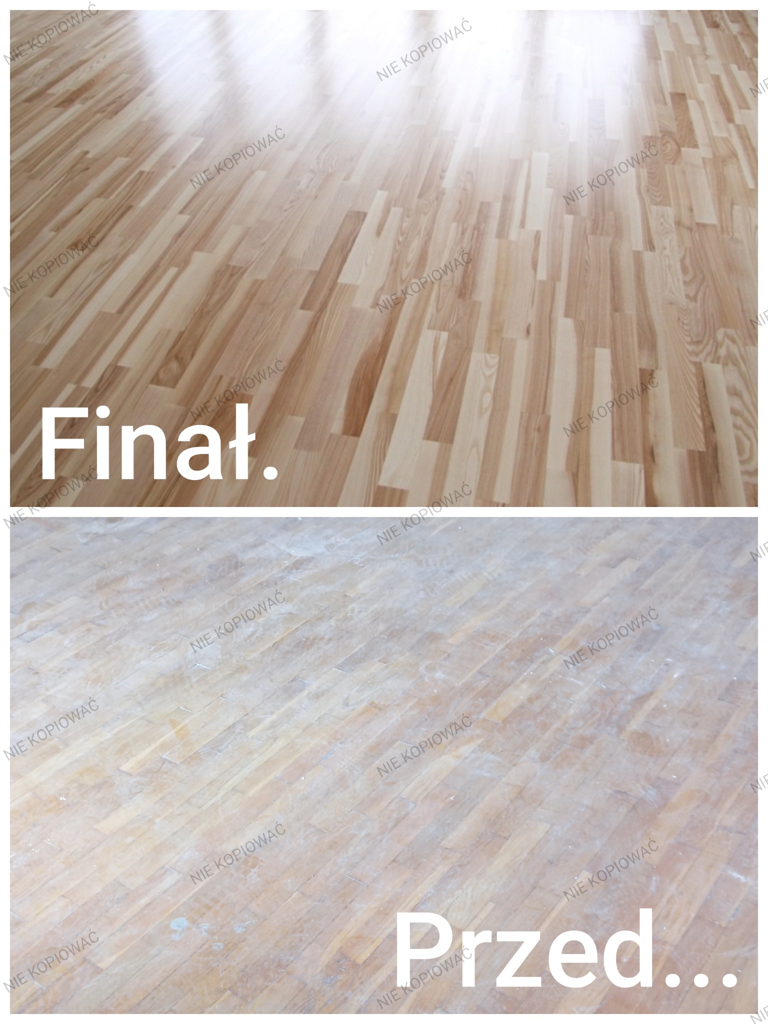 Zdjęcie parkietu w układzie jodełki: w górnej części efekt po renowacji z połyskiem, w dolnej – stan przed. Widoczne różnice w kolorze i wykończeniu.