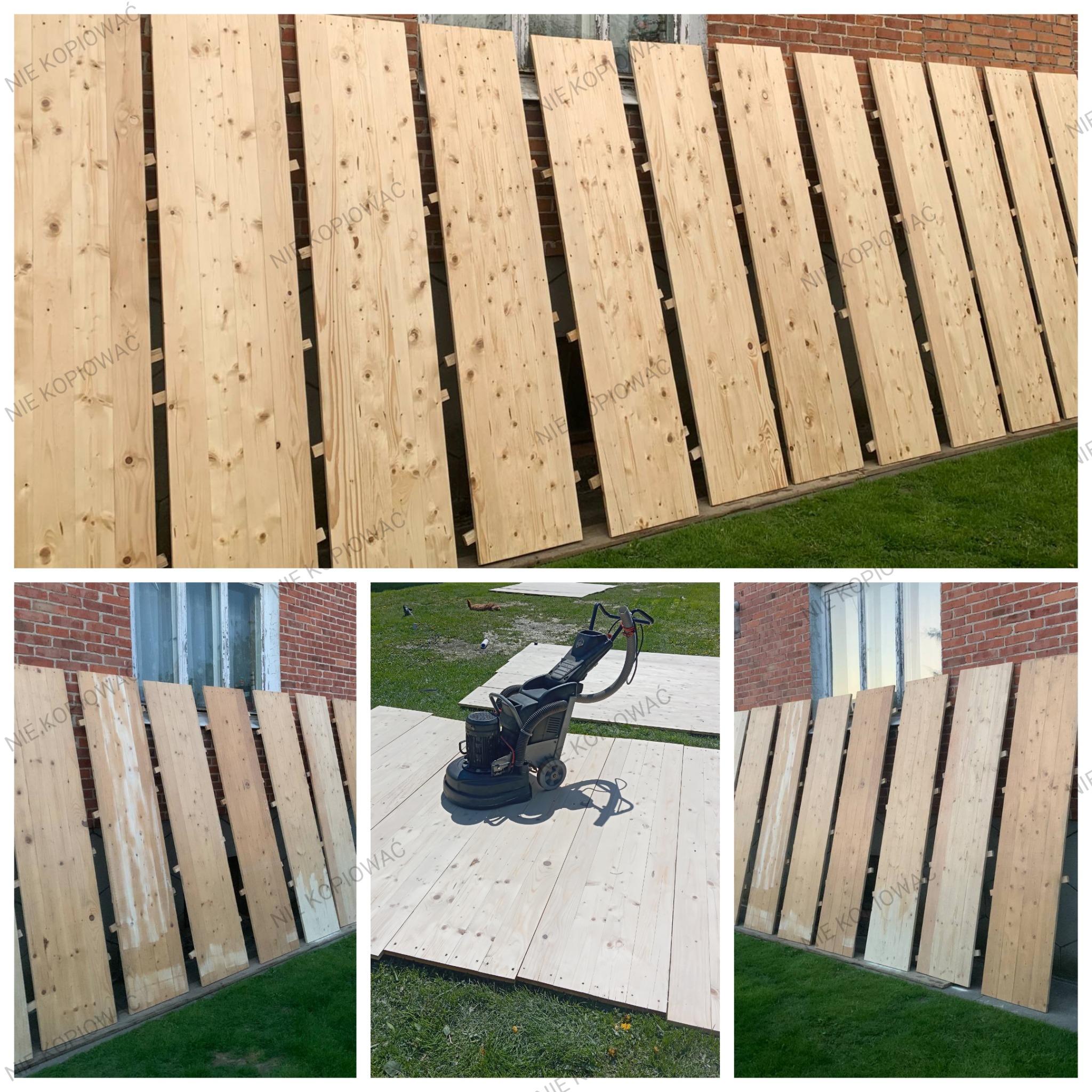 Deski podłogowe z jasnego drewna, niektóre już po obróbce, ułożone na trawie i ścianie z cegły, w tle maszyna do cyklinowania.