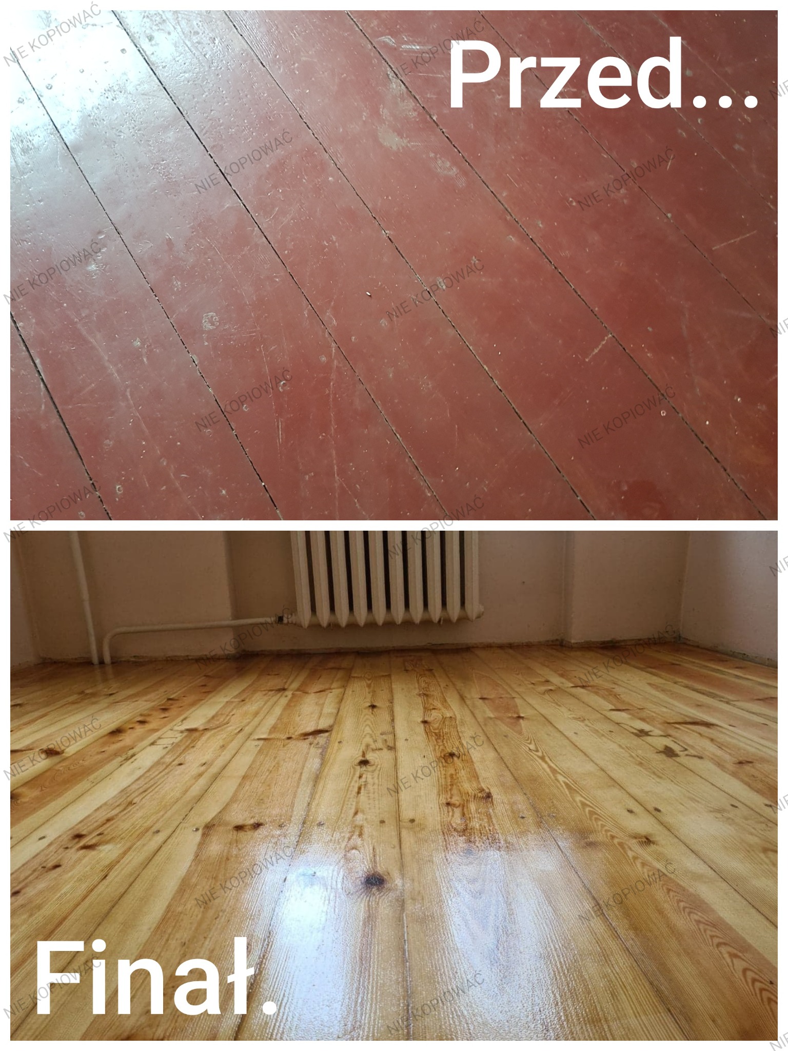 Zdjęcie 'przed i po' prezentujące renowację drewnianej podłogi. Górna część pokazuje starą, czerwoną podłogę, a dolna odnowioną, jasną podłogę z widocznym grzejnikiem.
