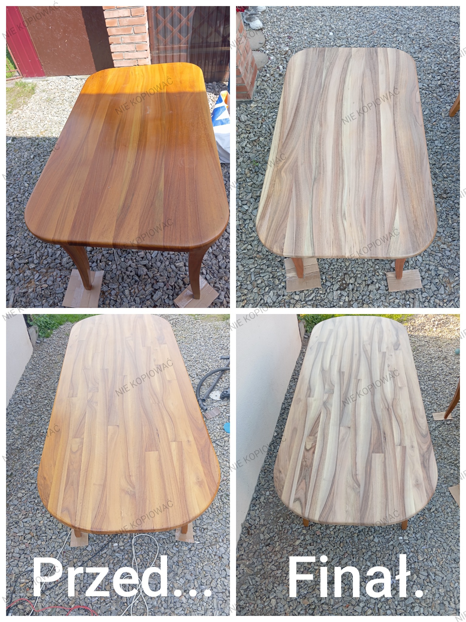 Renowacja stołu drewnianego: porównanie 'przed' z ciemnym lakierem i 'po' z jasnym, surowym wykończeniem. Cztery ujęcia prezentują transformację blatu na żwirowym podłożu.