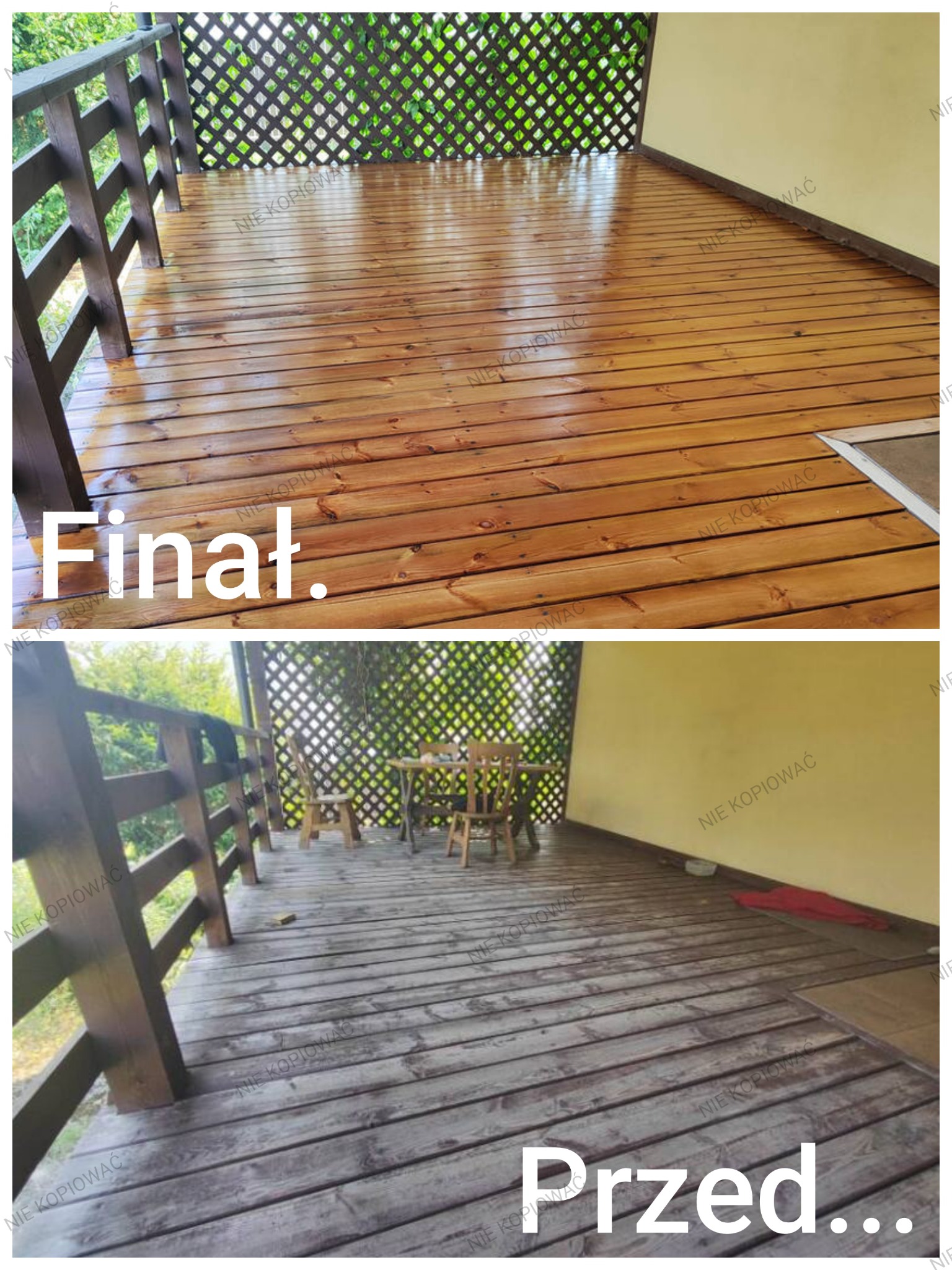 Zdjęcie 'przed i po' prezentujące odnowiony, drewniany taras z brązowymi deskami. Górna część pokazuje efekt końcowy, dolna stan przed renowacją.