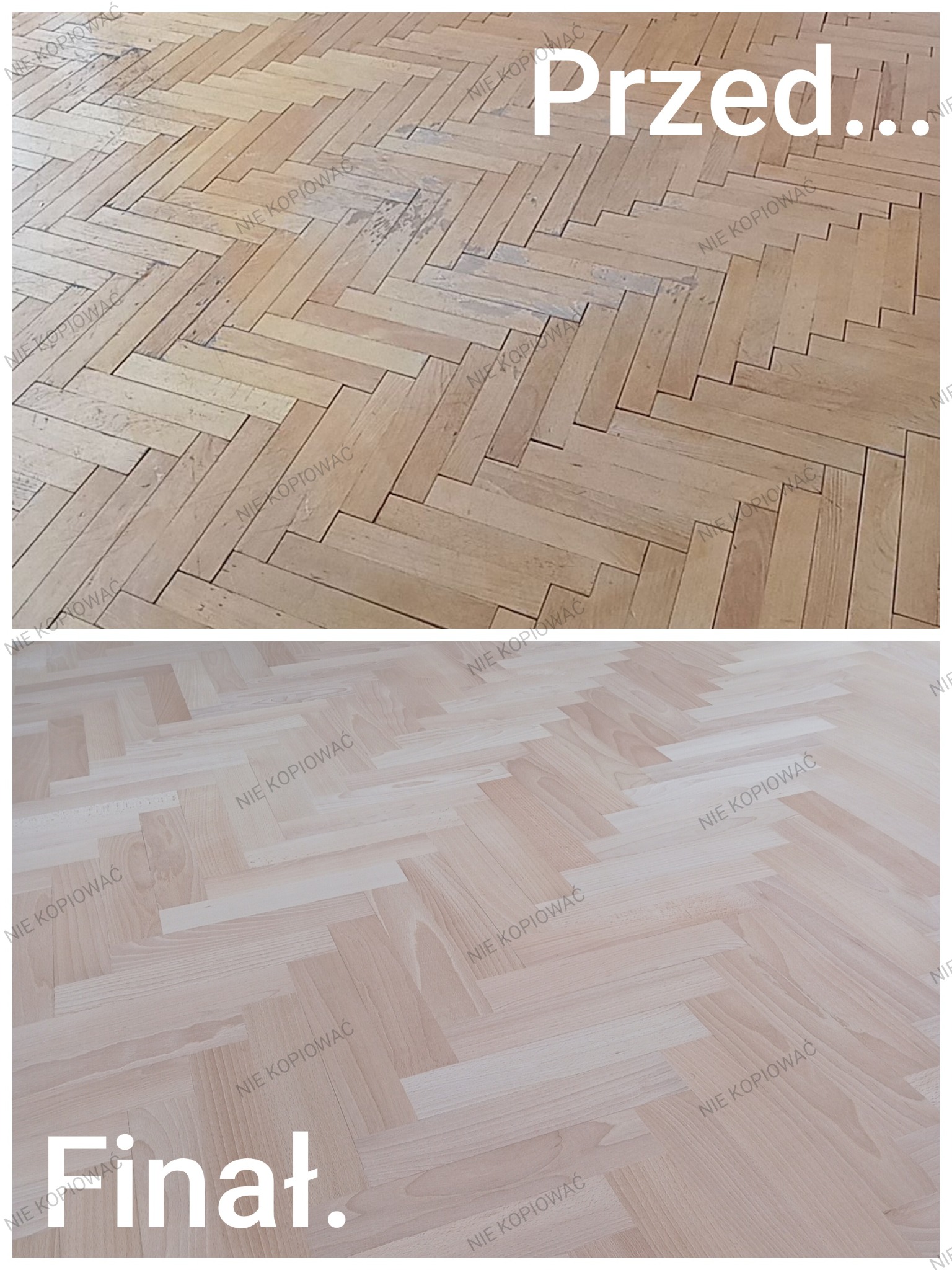 Parkiet ułożony w jodełkę, stan przed renowacją (góra) i po (dół). Widoczne różnice w kolorze i uszkodzeniach. Zdjęcie typu 'przed i po'.