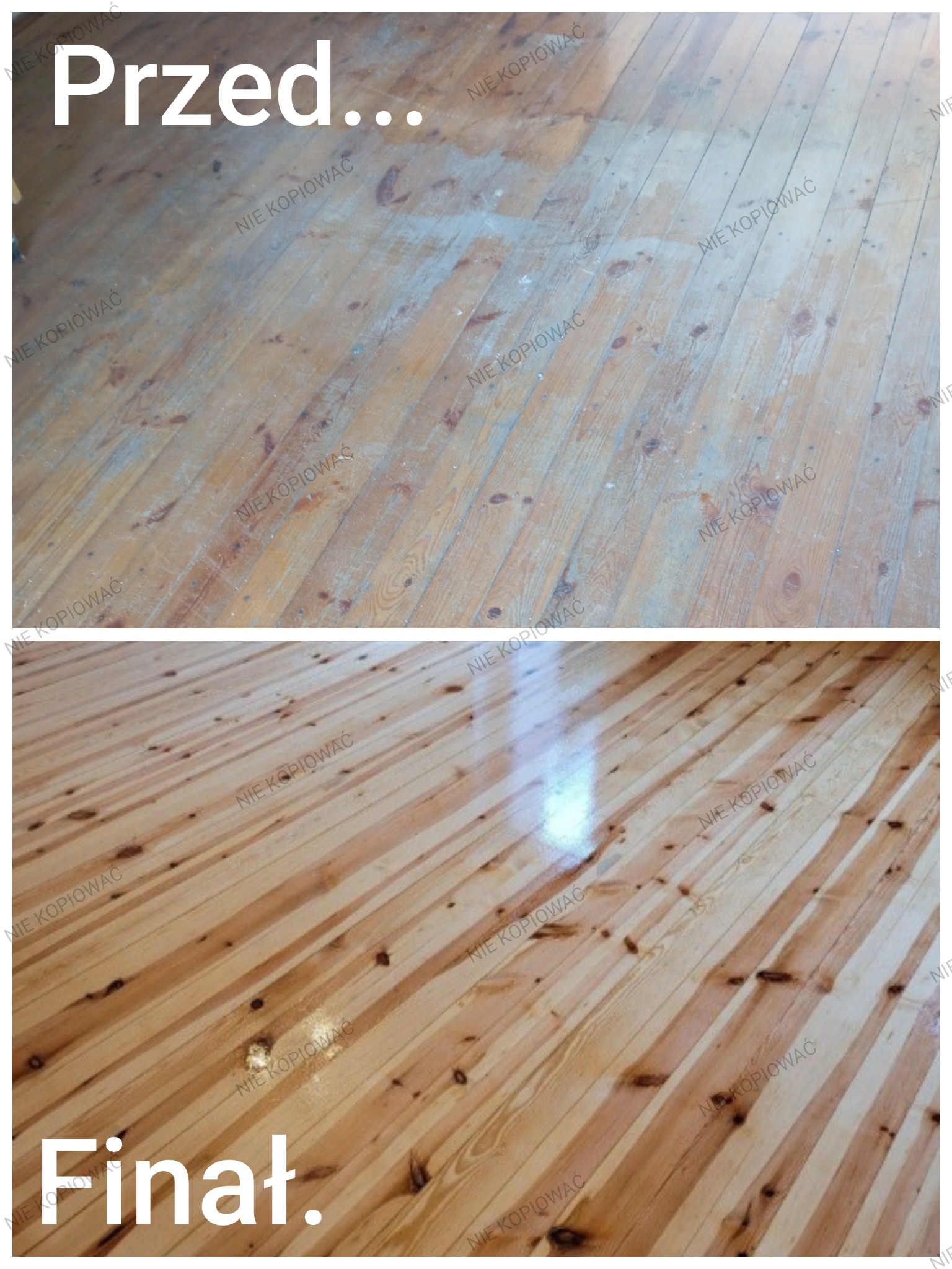 Zdjęcie 'przed i po' prezentujące odnowioną, wycyklinowaną podłogę z drewna. Górna część pokazuje starą, zniszczoną podłogę. Dolna część prezentuje efekt finalny.