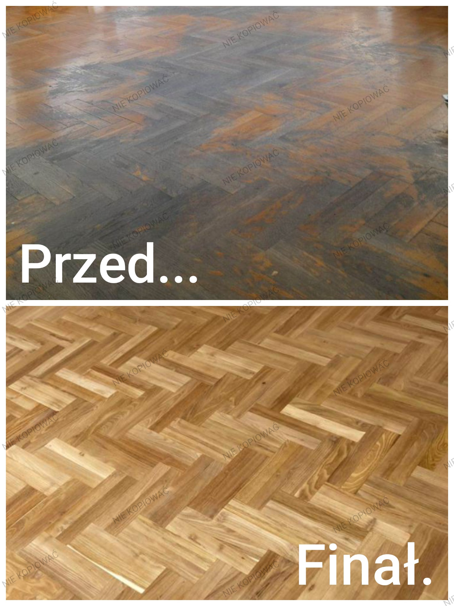 Parkiet ułożony w jodełkę, w dwóch odsłonach: 'Przed' - szary, zniszczony i 'Finał' - odnowiony, w ciepłym odcieniu drewna, ukazujący efekt renowacji podłogi.