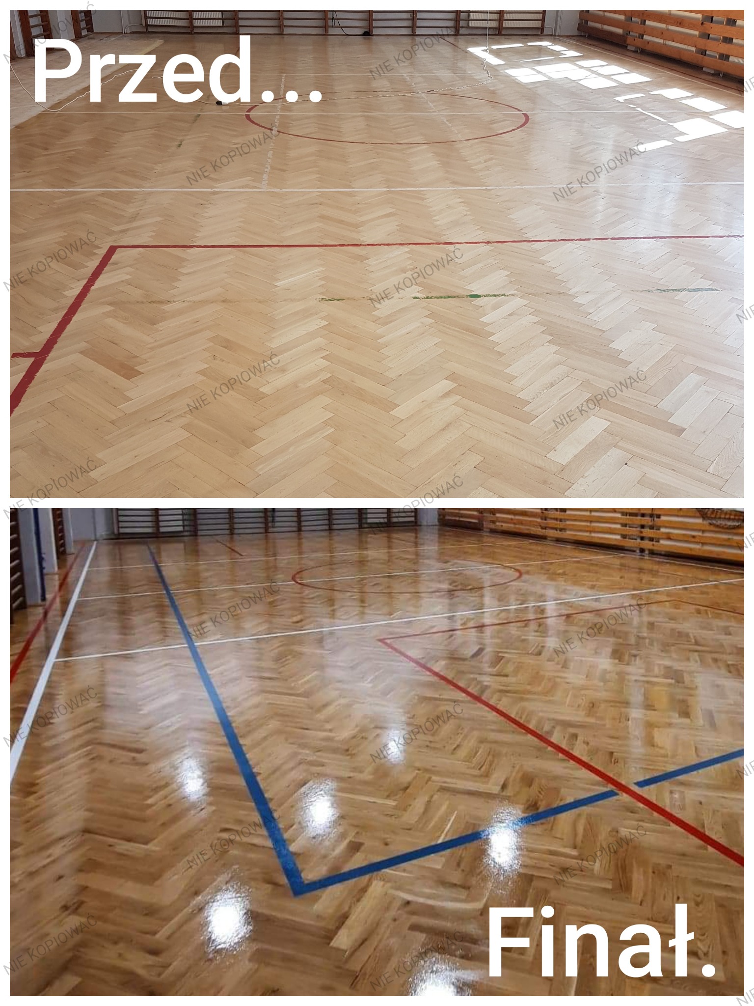 Parkiet w hali sportowej przed i po renowacji. Górna część pokazuje zniszczoną podłogę, dolna - odnowioną, błyszczącą, z wyraźnymi liniami boiska.