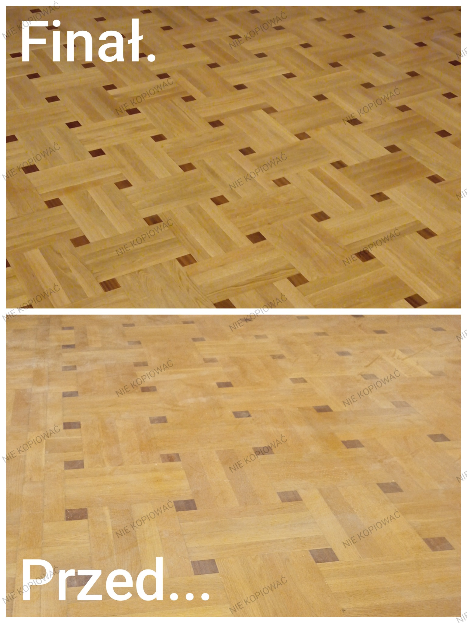 Parkiet ułożony w jodełkę, stan przed i po renowacji. Górna część zdjęcia przedstawia parkiet po renowacji, a dolna przed. Widoczne brązowe wstawki.