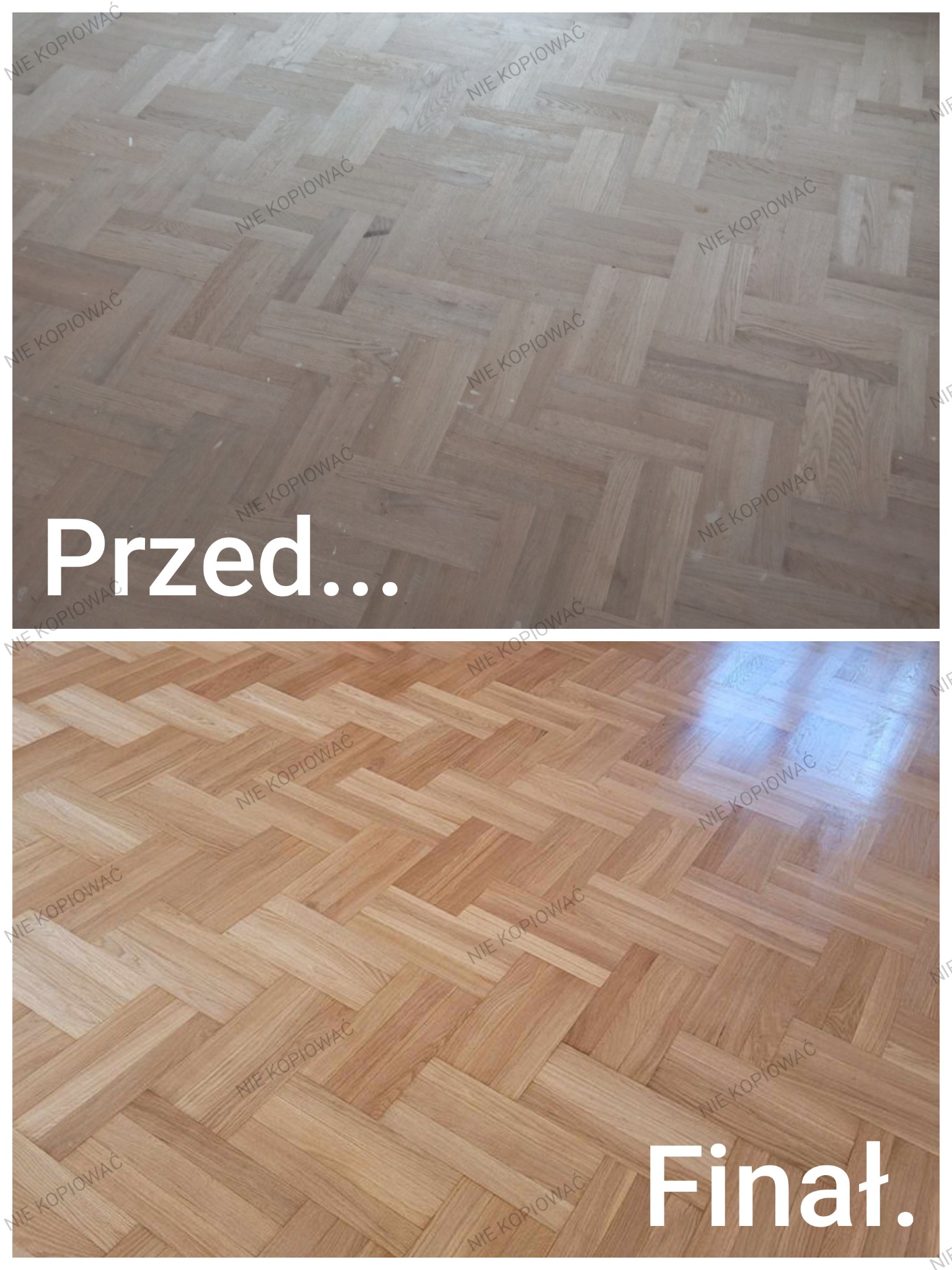 Parkiet ułożony w jodełkę: górna część zdjęcia prezentuje stan przed, dolna - po renowacji z wyraźnym połyskiem. Widoczne znaki wodne.