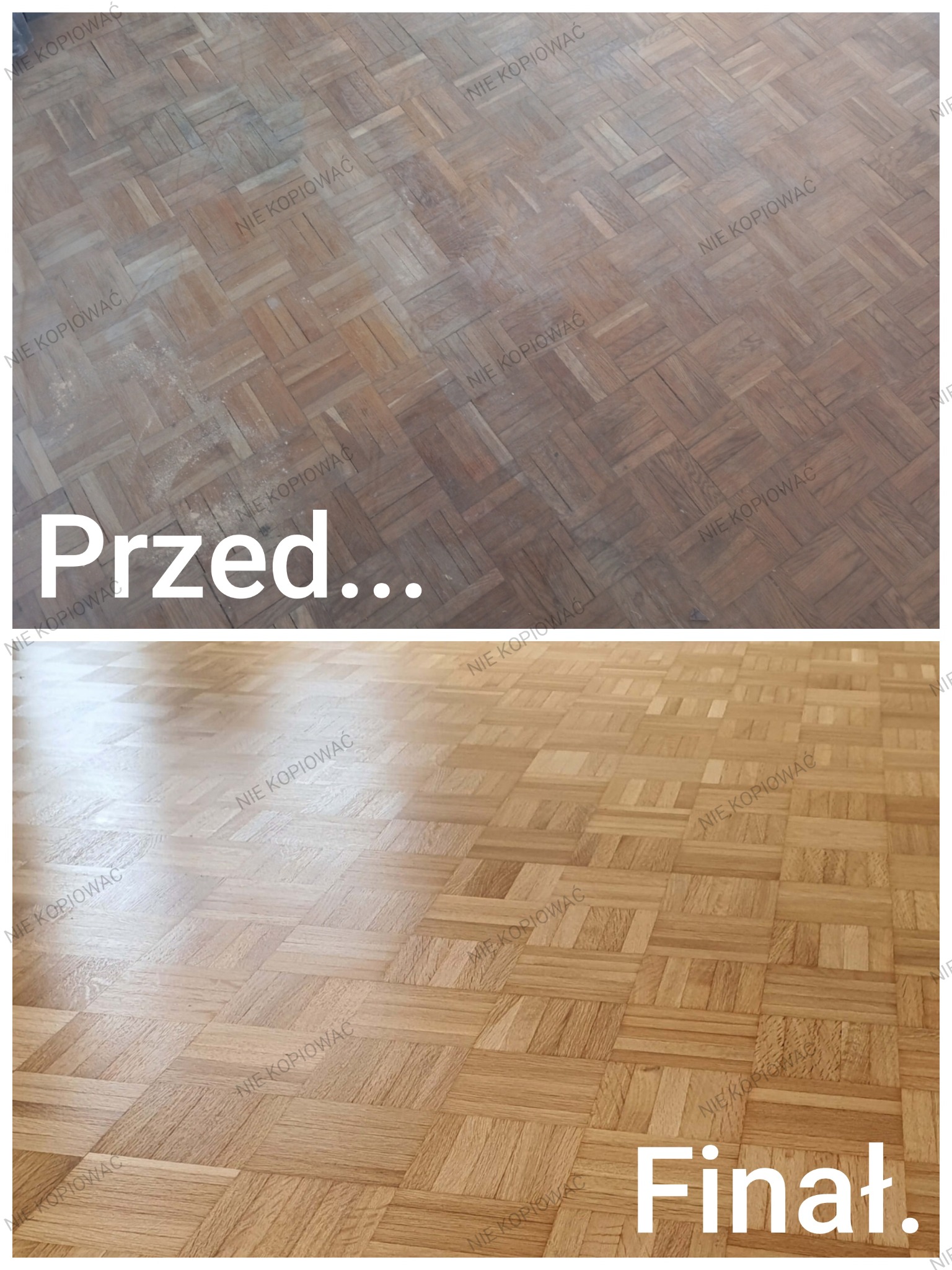 Parkiet w układzie koszykowym: widok przed i po renowacji. Górna część matowa, zarysowana; dolna część błyszcząca, odnowiona. Kontrastowe ujęcie efektu.