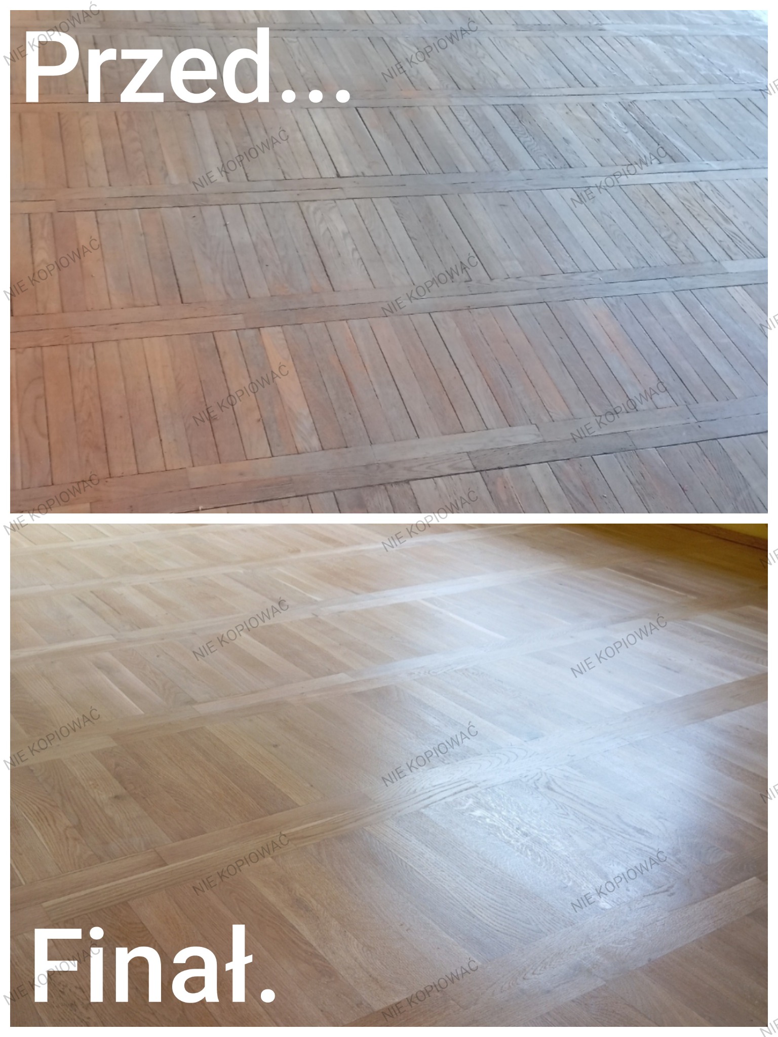 Parkiet ułożony w jodełkę, w kadrze 'przed' - zniszczony i 'po' - odnowiony, z połyskiem, w jasnym odcieniu drewna. Widok z góry.