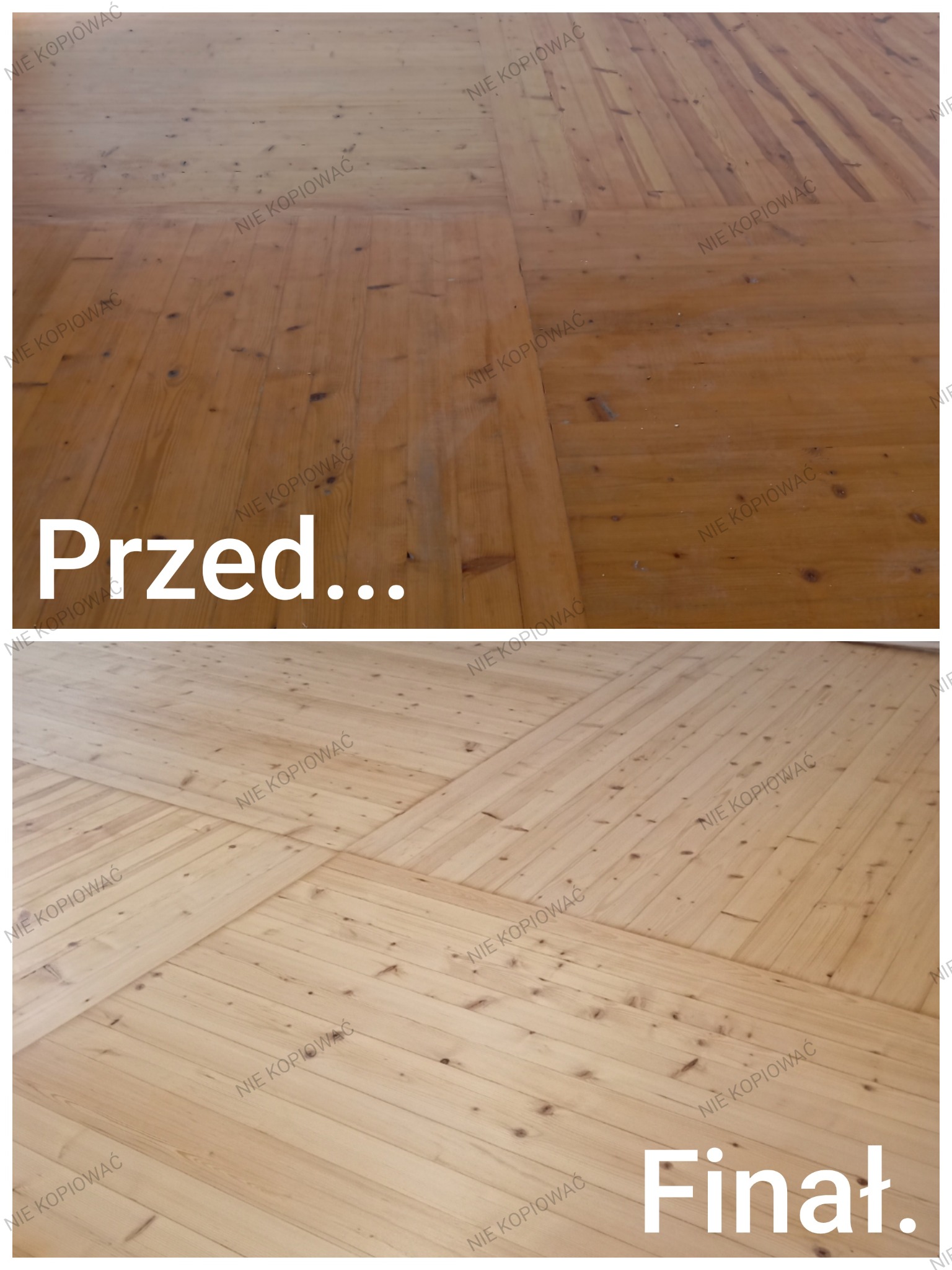 Parkiet drewniany przed i po renowacji. Górna część zdjęcia ukazuje starą, zniszczoną podłogę, dolna – odnowioną, jasną i gładką powierzchnię.