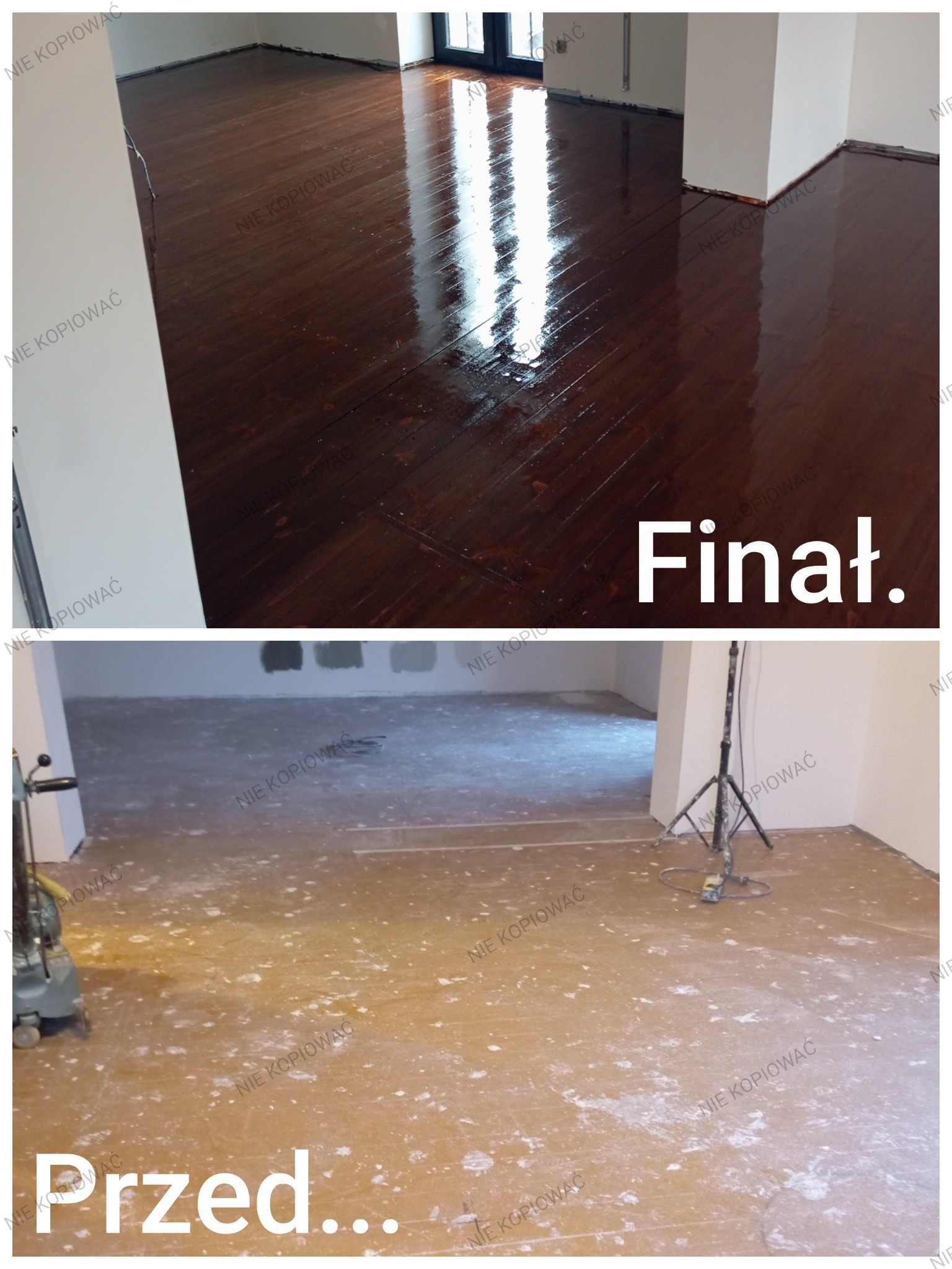 Zdjęcie 'przed i po' cyklinowania parkietu: matowa, zniszczona podłoga przed renowacją i błyszcząca, ciemnobrązowa podłoga po cyklinowaniu i lakierowaniu. Widoczne maszyny.
