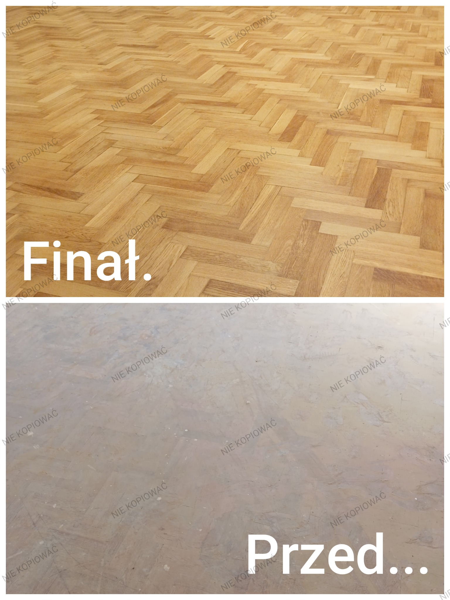 Parkiet ułożony w jodełkę: stan przed i po renowacji. Górna część zdjęcia prezentuje odnowioną, błyszczącą podłogę, dolna - surowy, matowy parkiet przed obróbką.