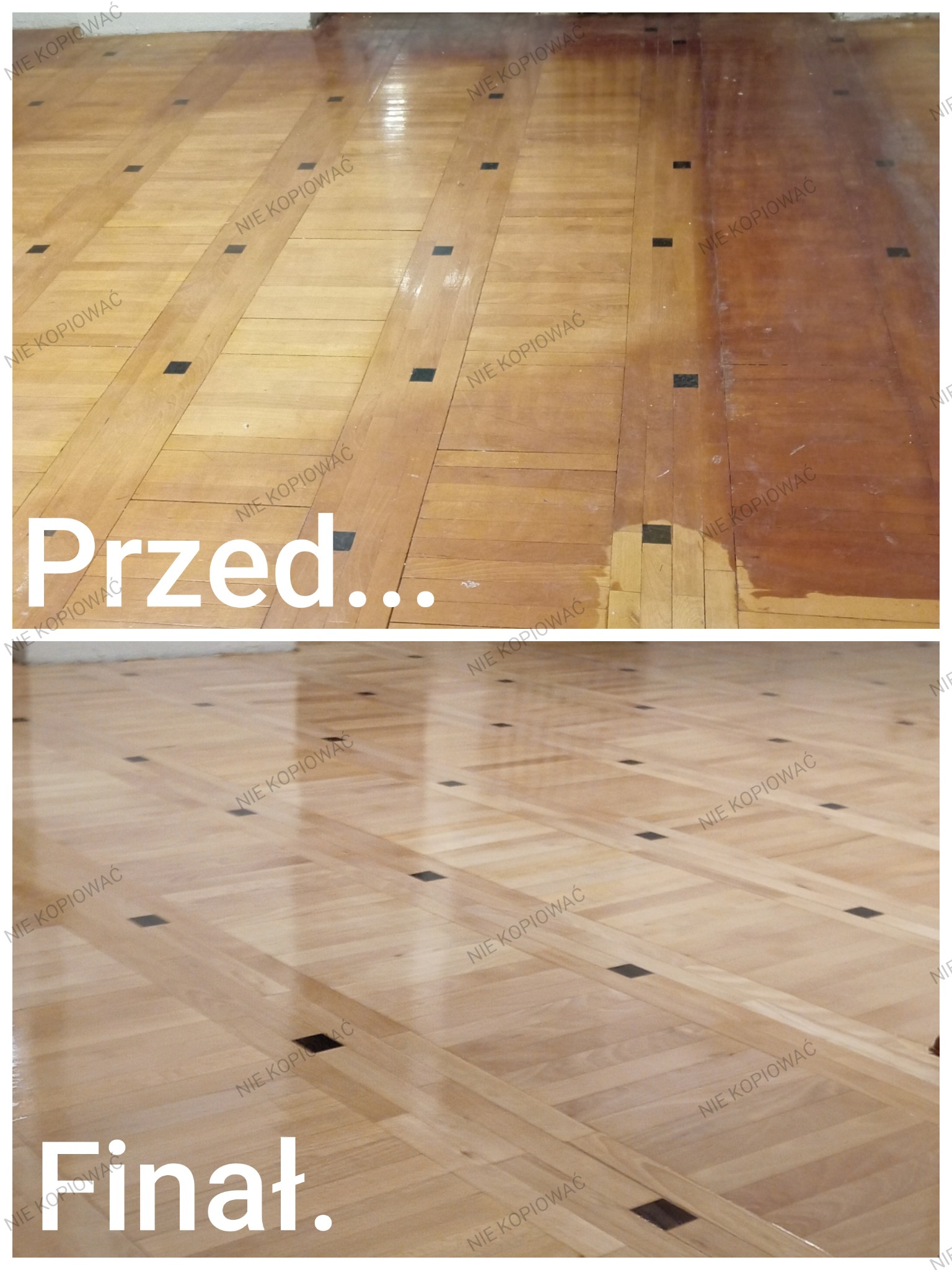 Parkiet w kasetony przed i po renowacji. Górna część zdjęcia pokazuje stan zniszczony, dolna - odnowiony, z połyskiem. Widoczne czarne wstawki.