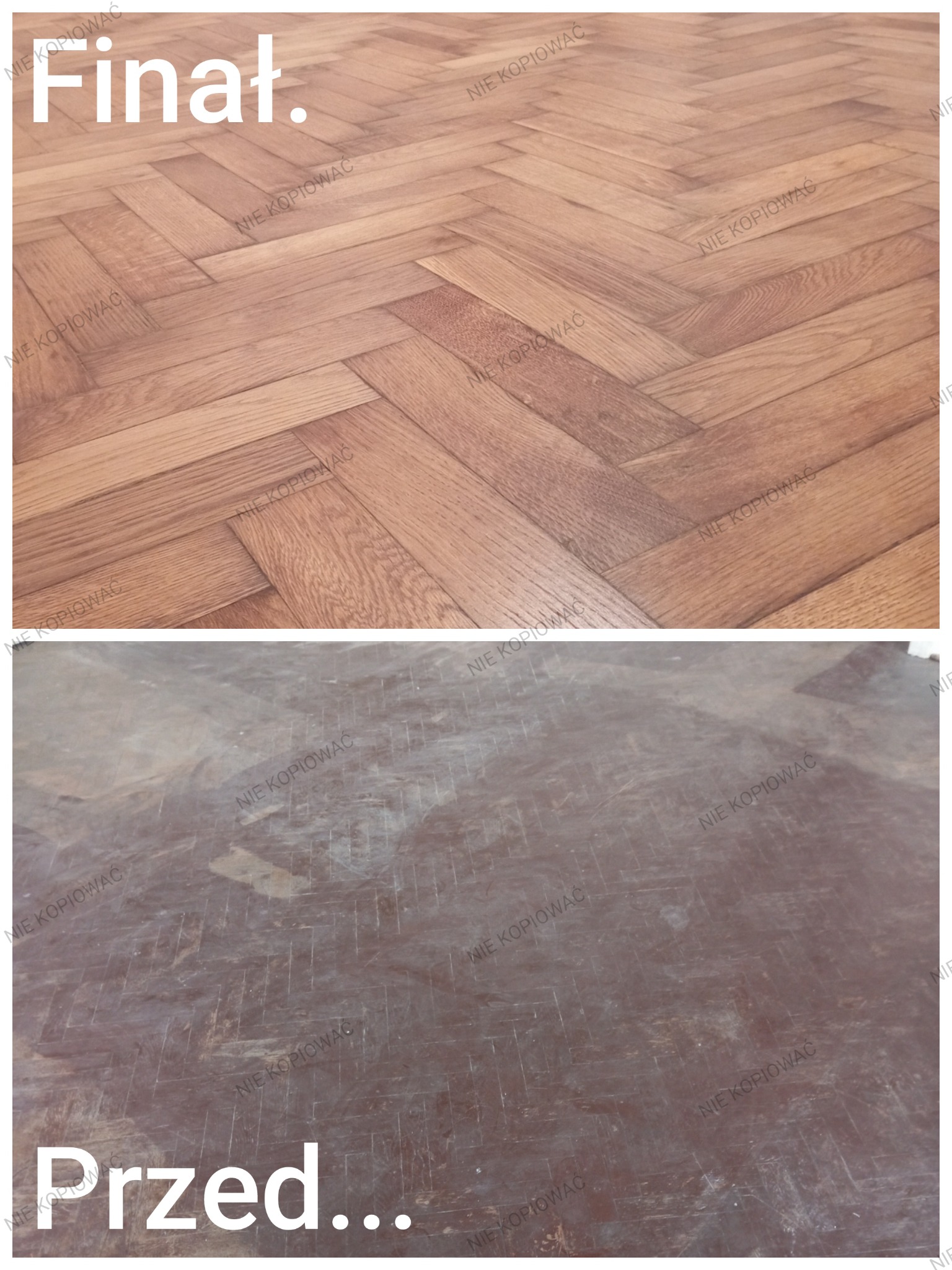 Parkiet ułożony w jodełkę: stan przed i po renowacji. Górna część zdjęcia prezentuje odnowioną, jasną podłogę, dolna - starą, zniszczoną. Widoczne napisy 'Finał' i 'Przed'.