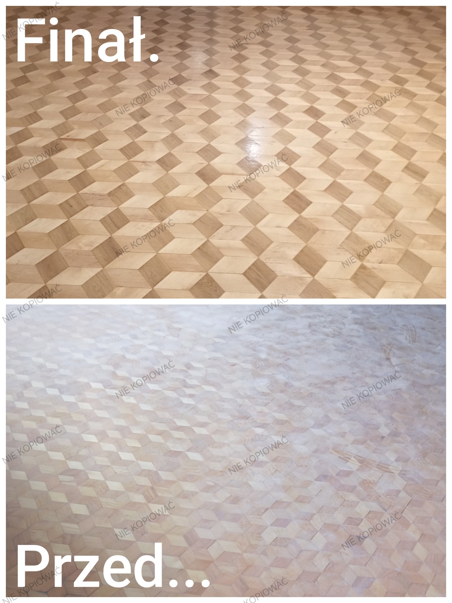 Parkiet w geometryczny wzór 3D, ujęcie 'przed' i 'po' renowacji. Górna część zdjęcia prezentuje odnowioną, błyszczącą podłogę, dolna - stan przed zabiegiem.