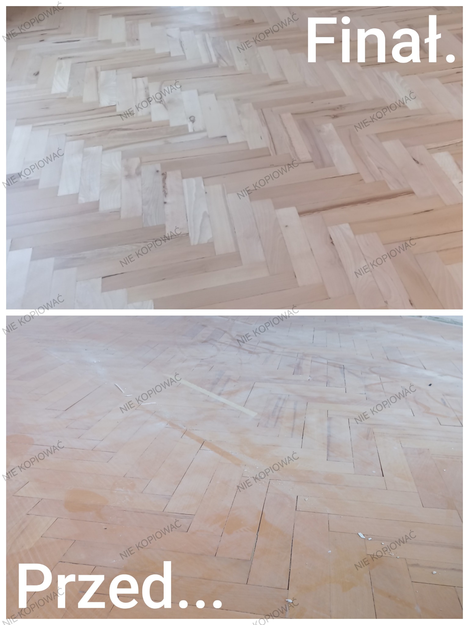Parkiet ułożony w jodełkę: górna część zdjęcia pokazuje efekt końcowy, dolna - stan przed renowacją. Jasne drewno, widoczne różnice w wyglądzie.