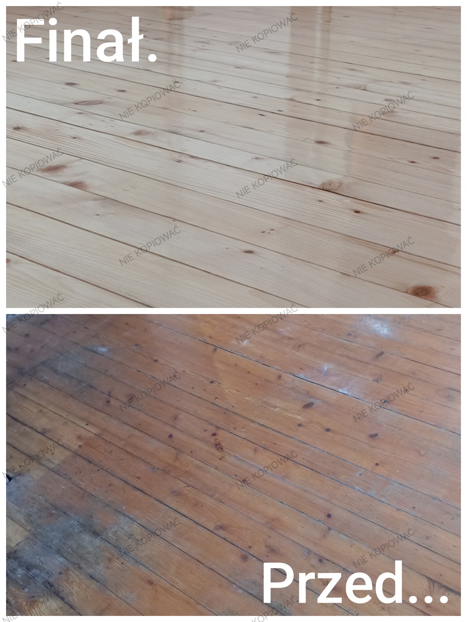 Parkiet drewniany: ujęcie 'przed' - zniszczona powierzchnia, 'po' - odnowiona, jasna, lakierowana podłoga. Widoczne usłojenie drewna.