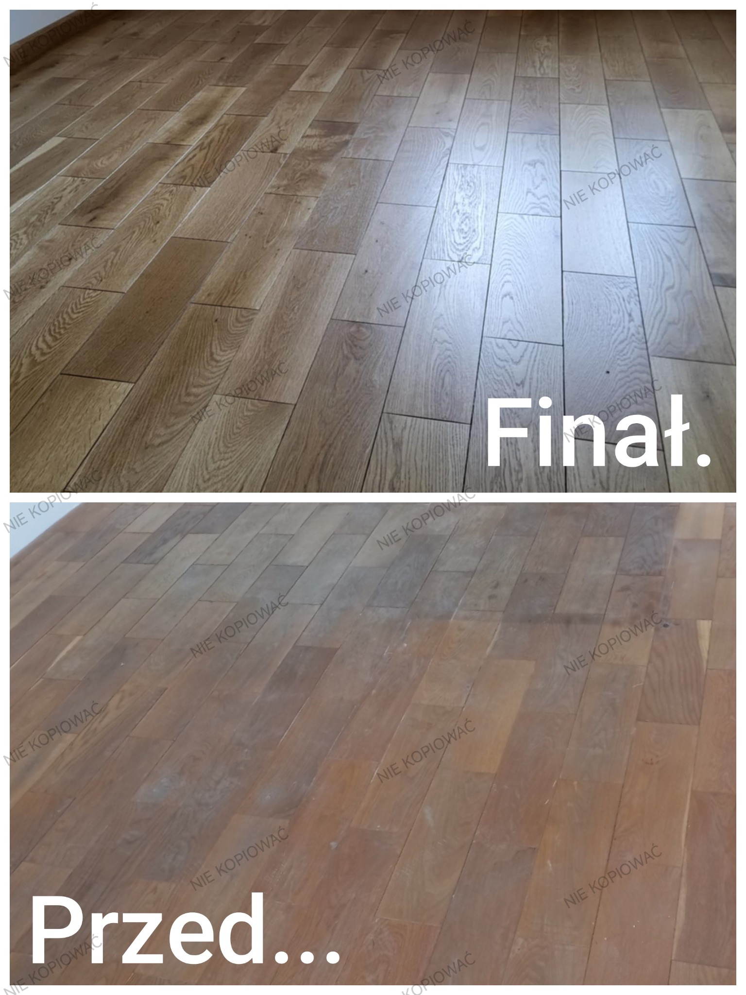 Parkiet dębowy: porównanie stanu przed i po renowacji. Górna część zdjęcia ukazuje parkiet po zabiegu, z połyskiem, dolna prezentuje stan pierwotny, matowy.