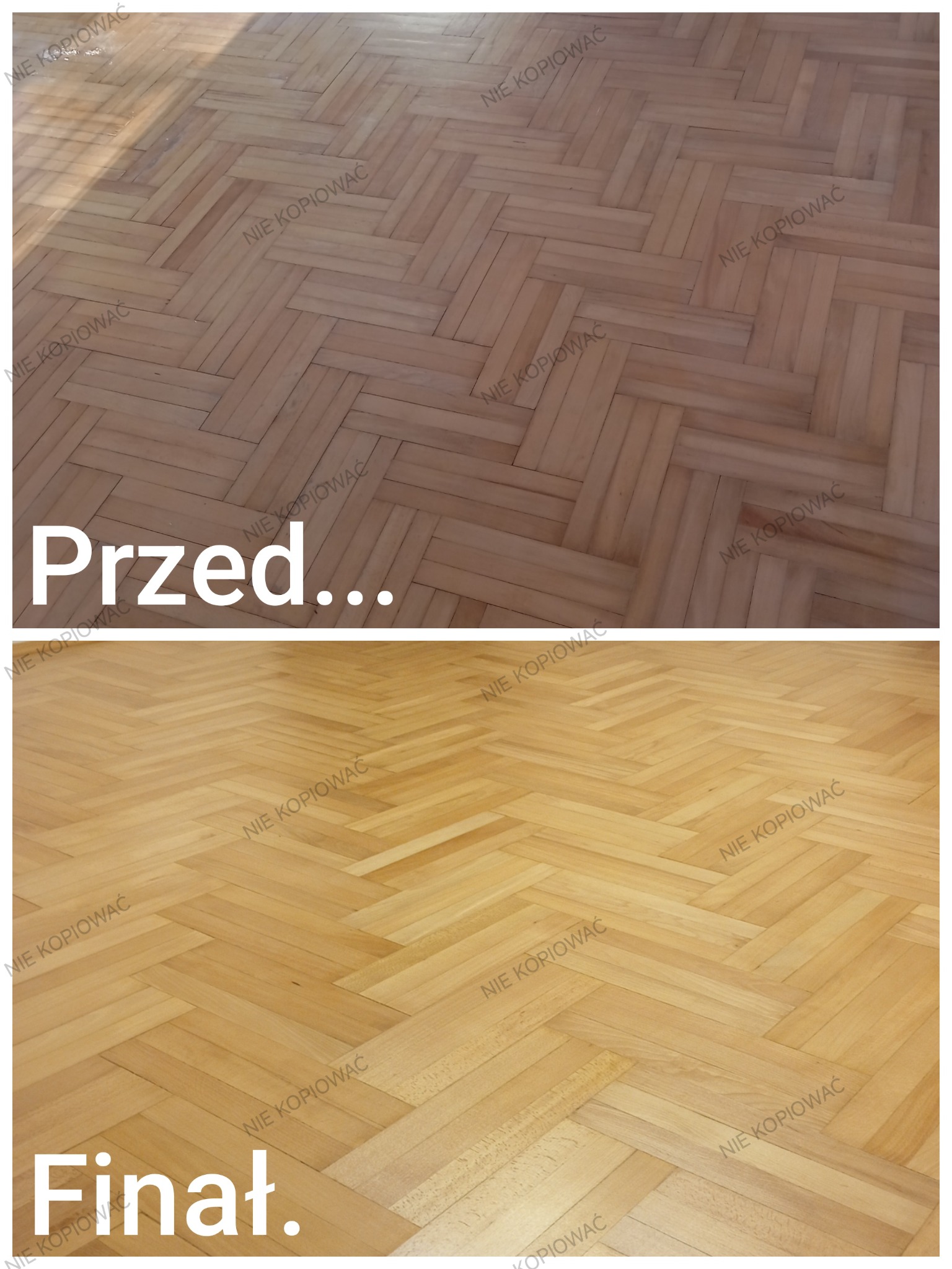 Parkiet w jodełkę przed i po renowacji w Zaleszanach. Górna część zdjęcia pokazuje parkiet przed, dolna po. Widoczna różnica w kolorze i połysku.