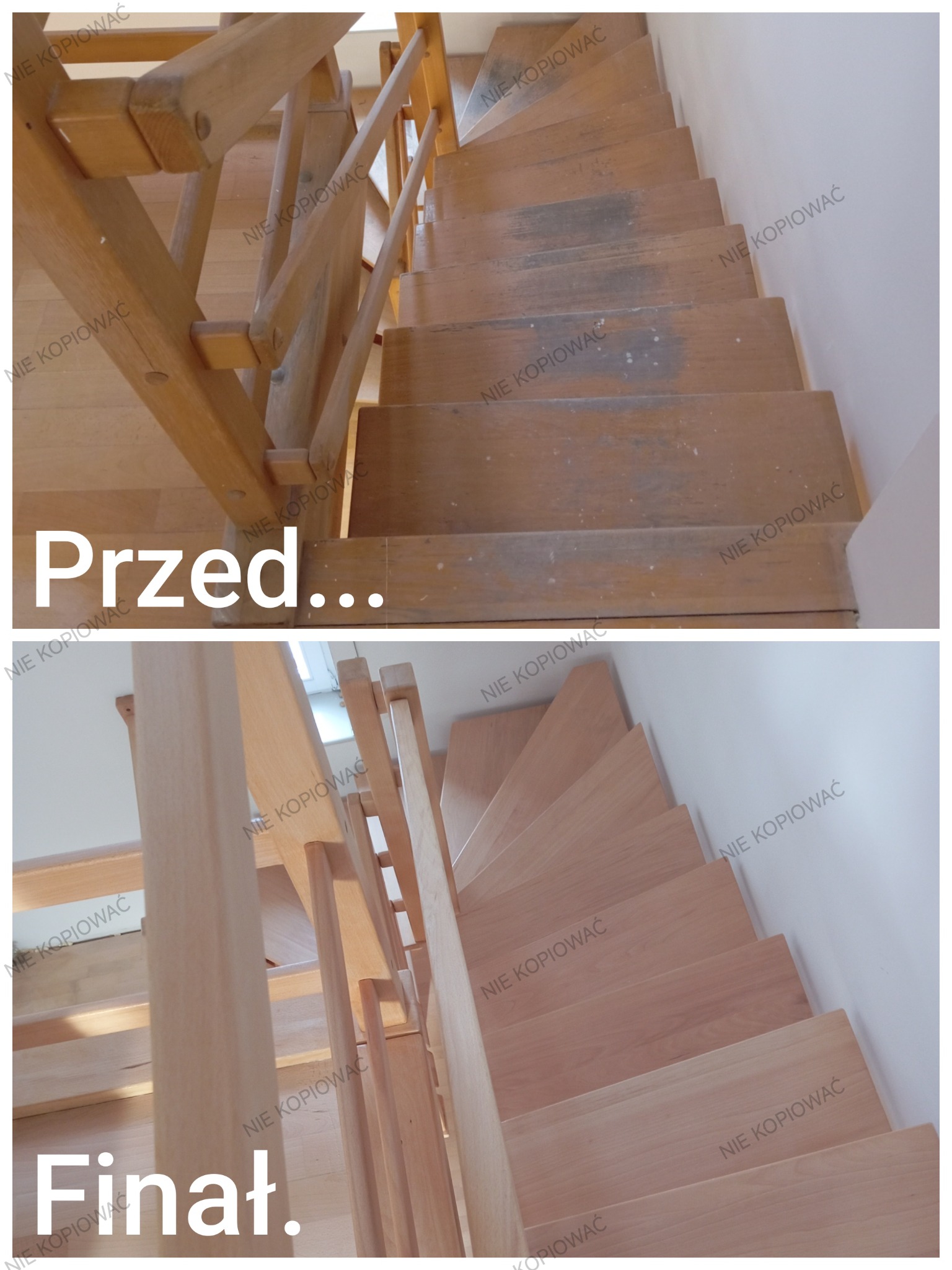 Renowacja drewnianych schodów w Zaleszanach: ujęcie 'przed' z zabrudzeniami i 'po' z gładką powierzchnią. Widoczne elementy konstrukcyjne schodów.