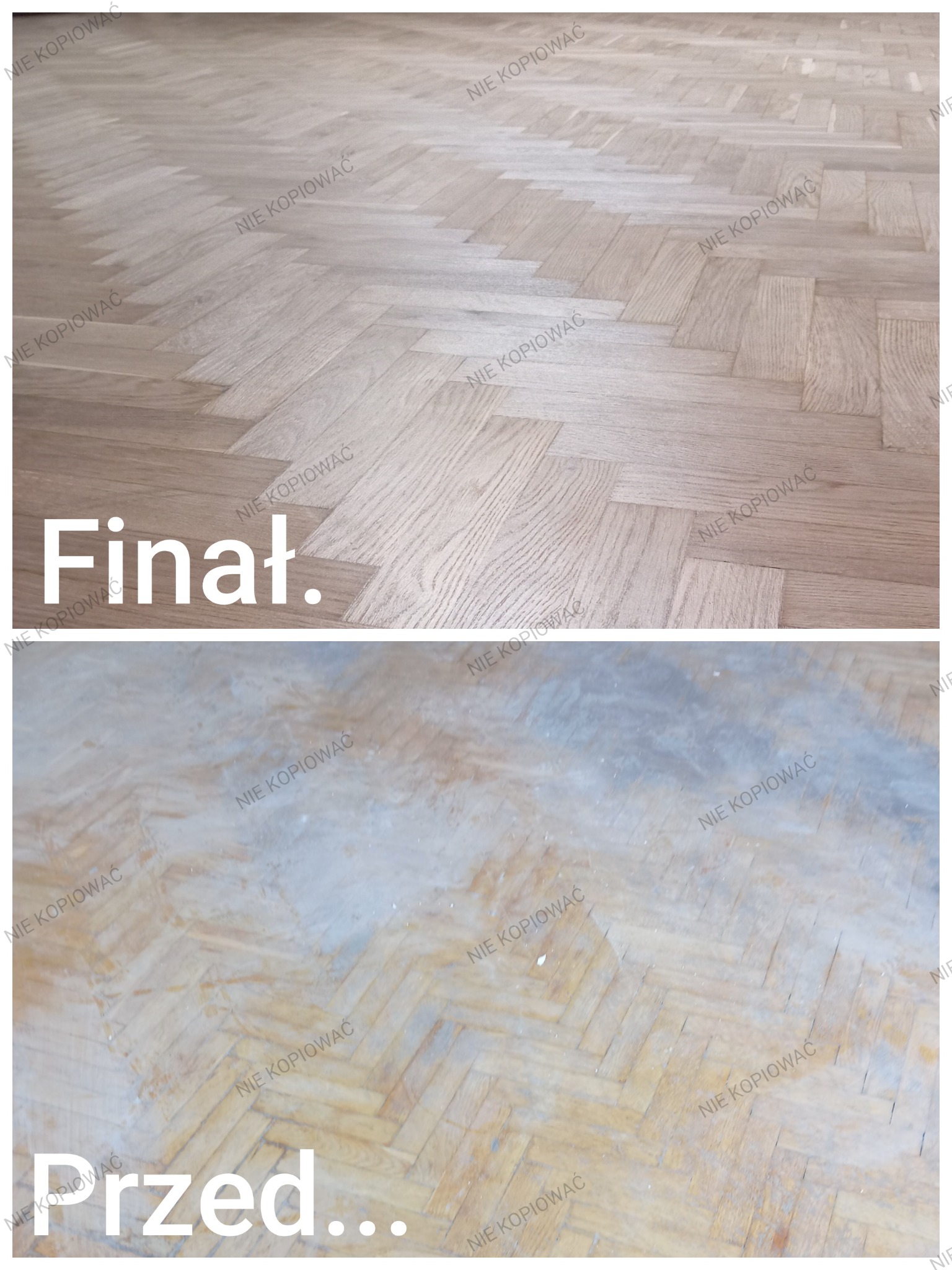 Parkiet ułożony w jodełkę, wariant przed i po renowacji. Górna część zdjęcia prezentuje odnowioną, jasną podłogę, dolna - stan przed pracami.