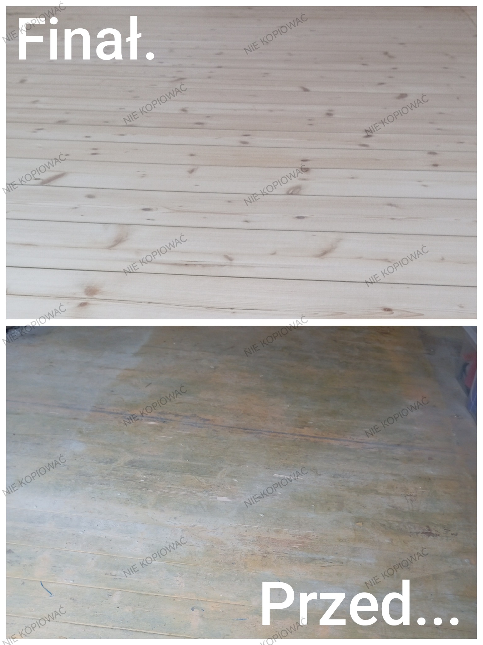 Parkiet drewniany: ujęcie 'przed' - zniszczona powierzchnia, 'finał' - odnowiona, jasna podłoga z widocznym usłojeniem. Porównanie efektu renowacji.