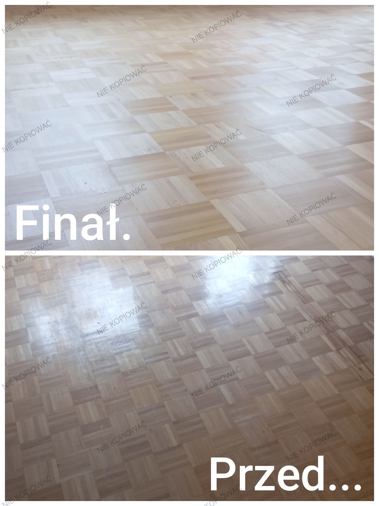Parkiet w układzie szachownicy: górna część zdjęcia pokazuje odnowioną podłogę z napisem 'Finał', dolna część prezentuje stan 'Przed' renowacją.