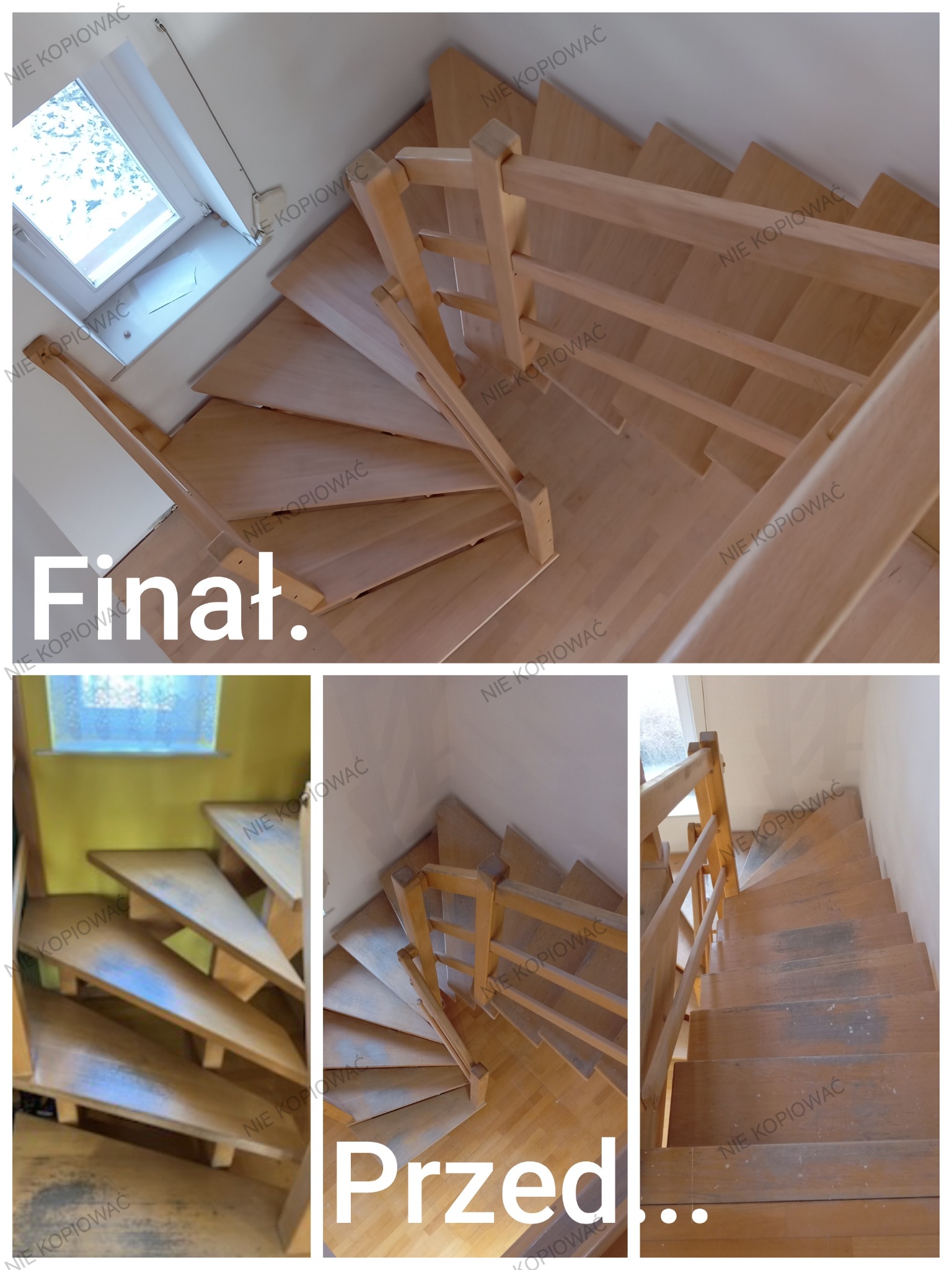 Schody spiralne drewniane po renowacji, ujęcie z góry. Widoczne porównanie stanu przed i po, z jasnym drewnem i naturalnym oświetleniem z okna.