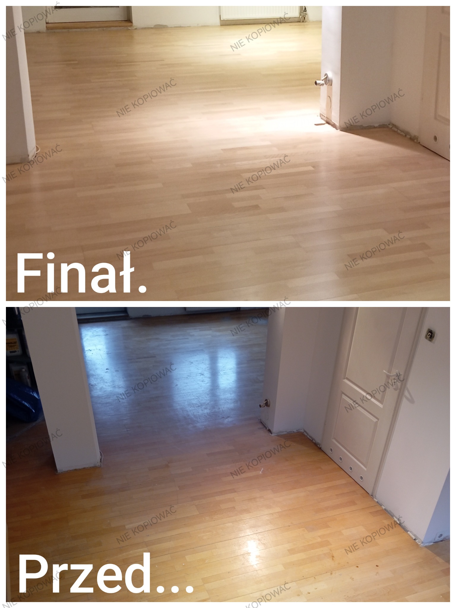 Parkiet w odcieniach beżu po renowacji, widok z góry. Porównanie stanu przed i po, z jasnym wykończeniem i widocznymi detalami łączeń desek.