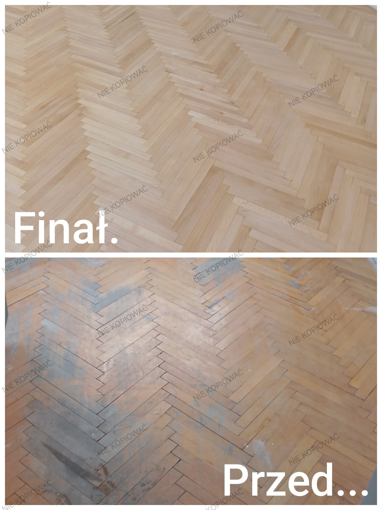 Parkiet ułożony w jodełkę: górna część zdjęcia prezentuje odnowioną, jasną podłogę, dolna część pokazuje stan przed renowacją, z widocznymi śladami użytkowania.