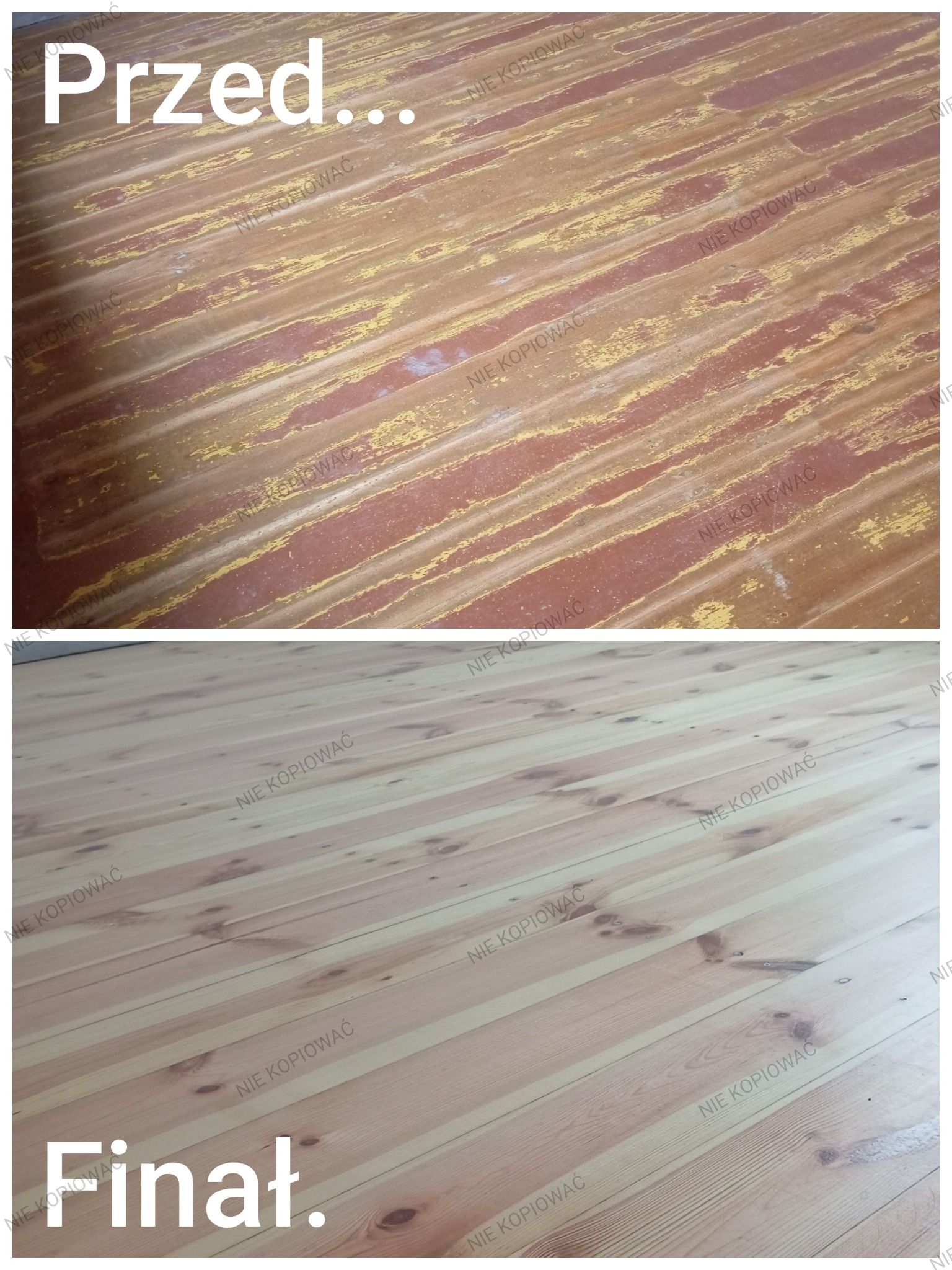 Parkiet przed cyklinowaniem (stara powłoka) i po cyklinowaniu (nowe, jasne drewno). Ujęcie typu 'przed i po' z bliska, pod kątem.