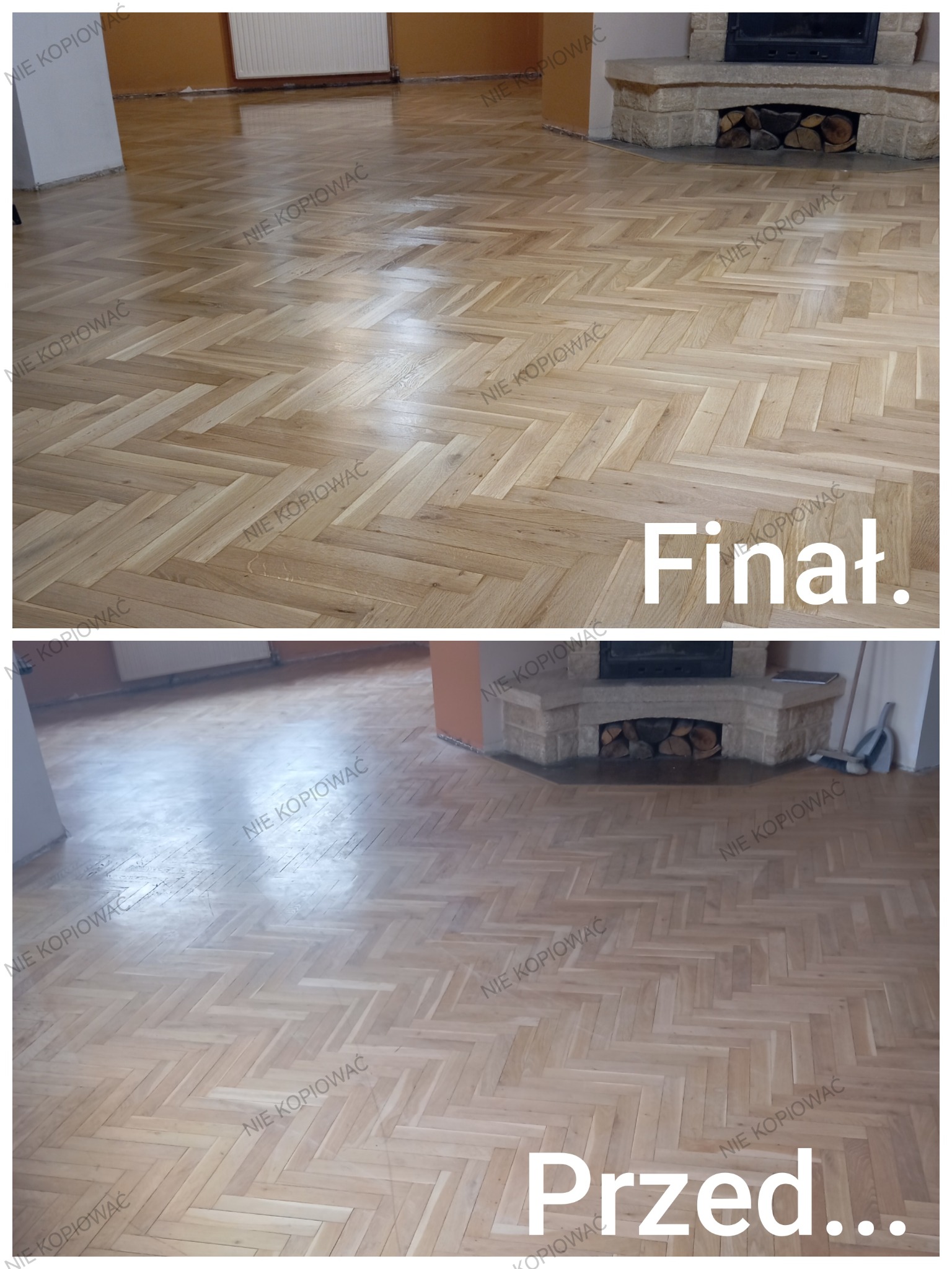 Parkiet ułożony w jodełkę, stan przed i po cyklinowaniu. Na górnym zdjęciu parkiet po renowacji, na dolnym przed. Widoczny kominek i fragment grzejnika.