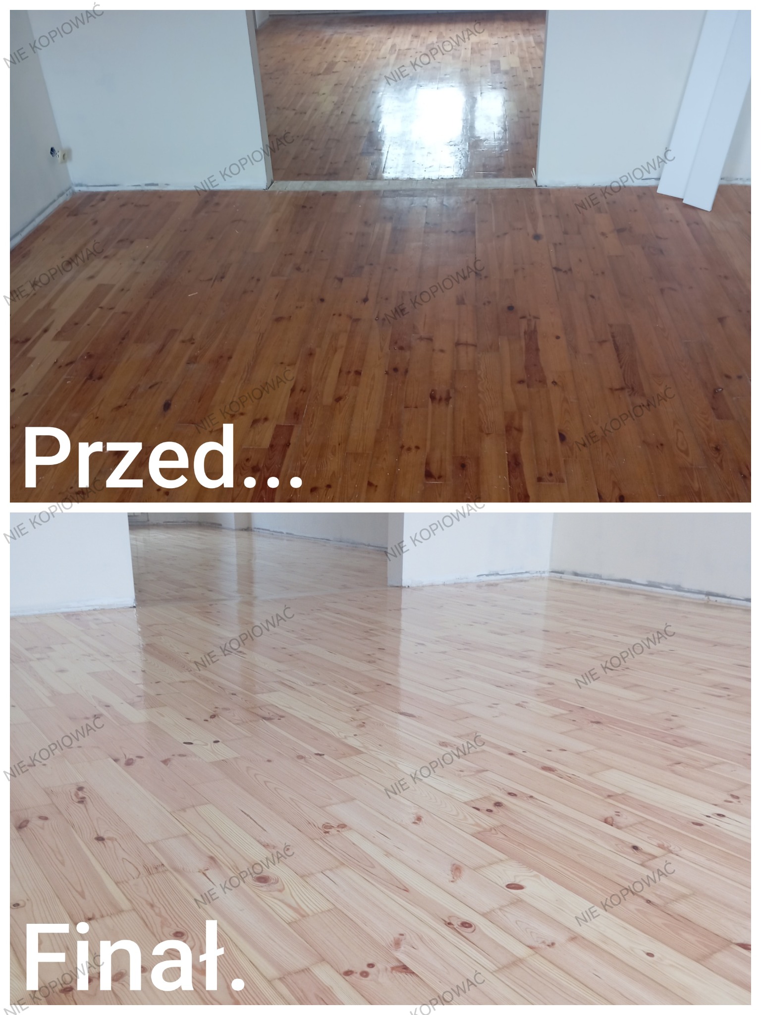 Zdjęcie 'przed i po' prezentujące odnowioną podłogę drewnianą. Górna część ukazuje starą, ciemną podłogę, a dolna - jasną, odświeżoną po renowacji.