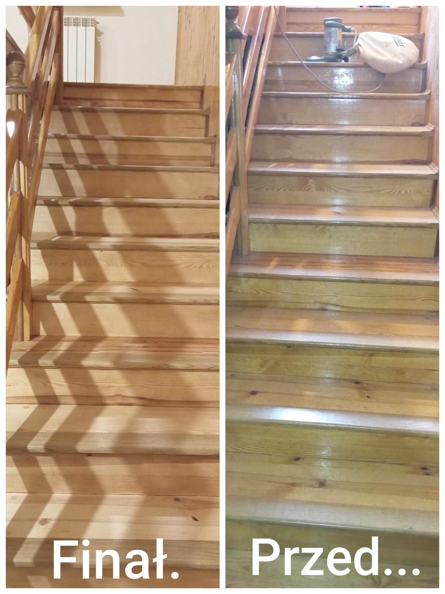 Zdjęcie schodów drewnianych w układzie 'przed i po' renowacji. Po lewej stronie schody po renowacji, po prawej w trakcie prac z maszyną do cyklinowania.