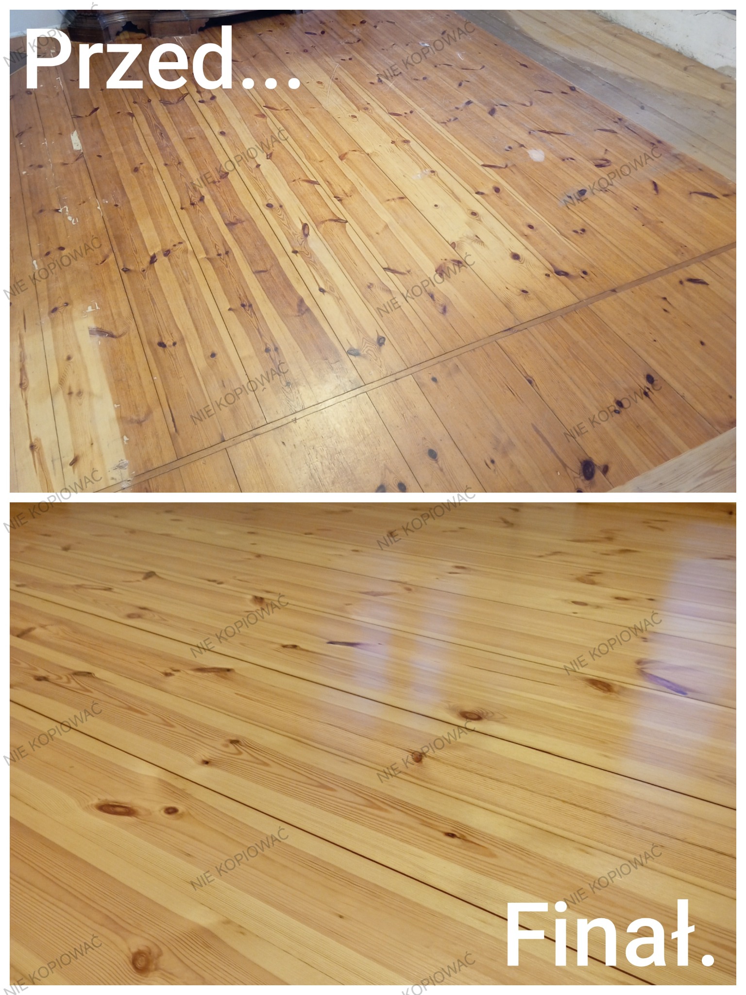 Parkiet sosnowy przed i po renowacji. Górna część zdjęcia pokazuje podłogę z widocznymi śladami użytkowania, dolna - odnowiony, jasny parkiet z wyraźnym rysunkiem drewna.