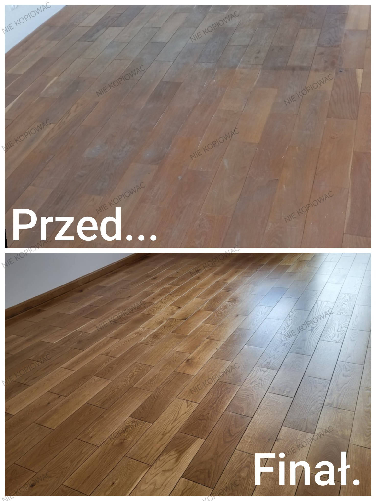 Parkiet dębowy po renowacji: porównanie stanu przed i po. Górna część zdjęcia ukazuje starą, matową podłogę, dolna - odnowioną, błyszczącą powierzchnię.