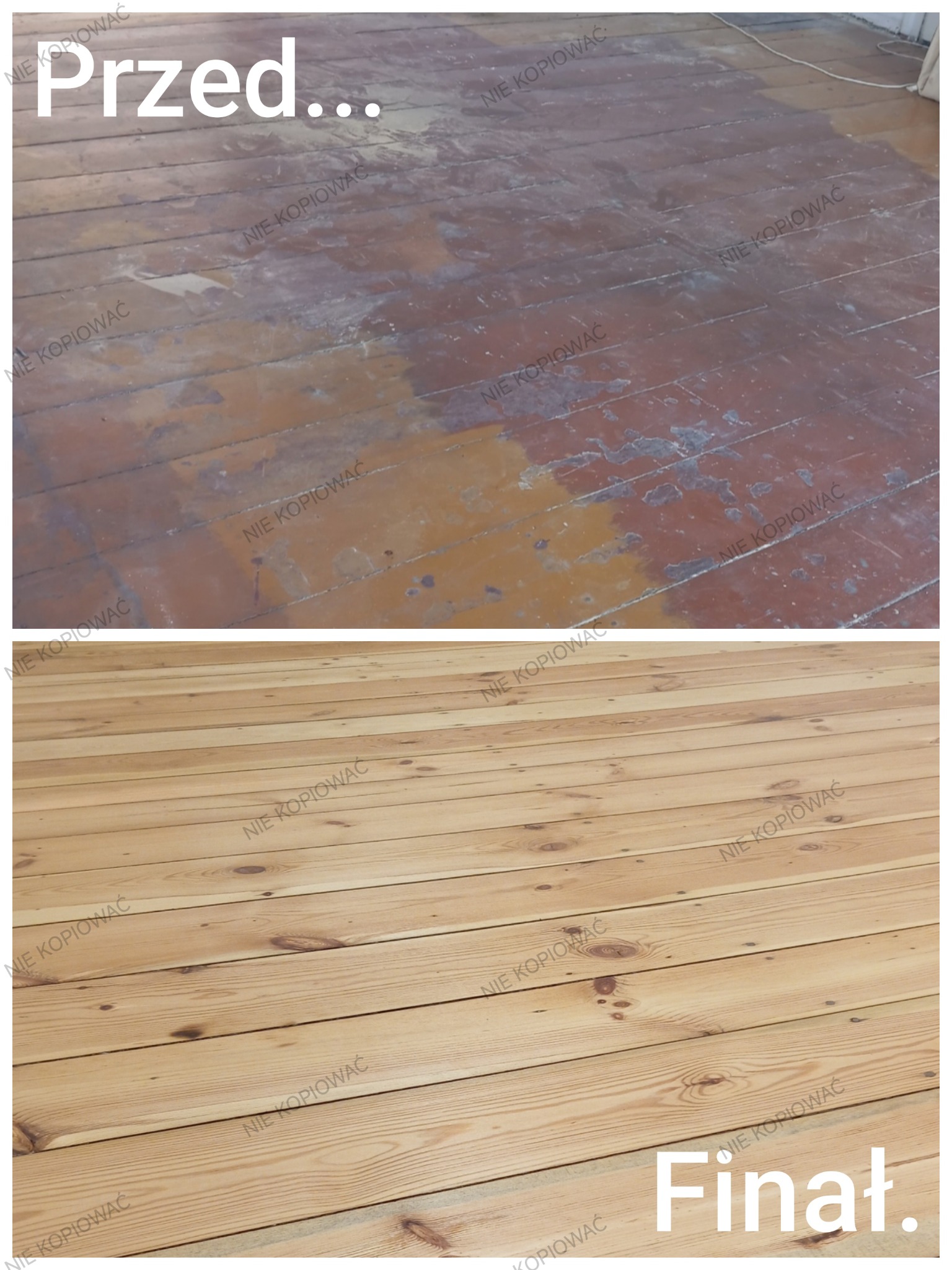 Zdjęcie 'przed i po' prezentujące renowację drewnianej podłogi. Górna część ukazuje zniszczoną powierzchnię, dolna - odnowiony, jasny parkiet z widocznym usłojeniem.