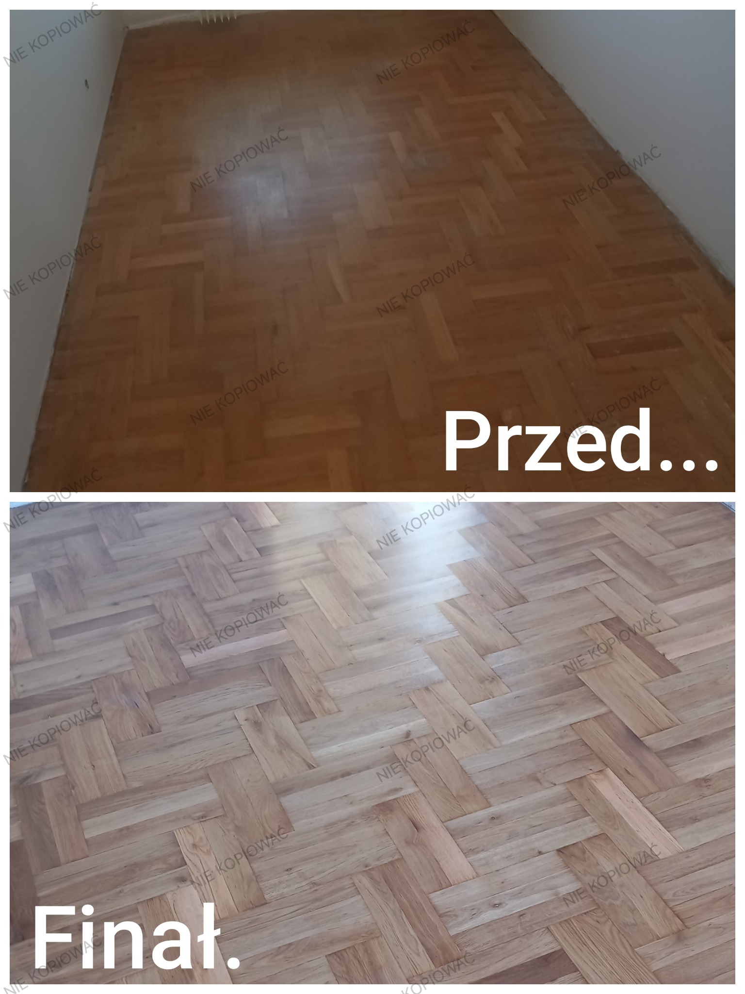 Parkiet ułożony w jodełkę, w dwóch odsłonach: 'Przed...' z ciemniejszym odcieniem i 'Finał.' z jaśniejszym, odświeżonym wyglądem po renowacji.