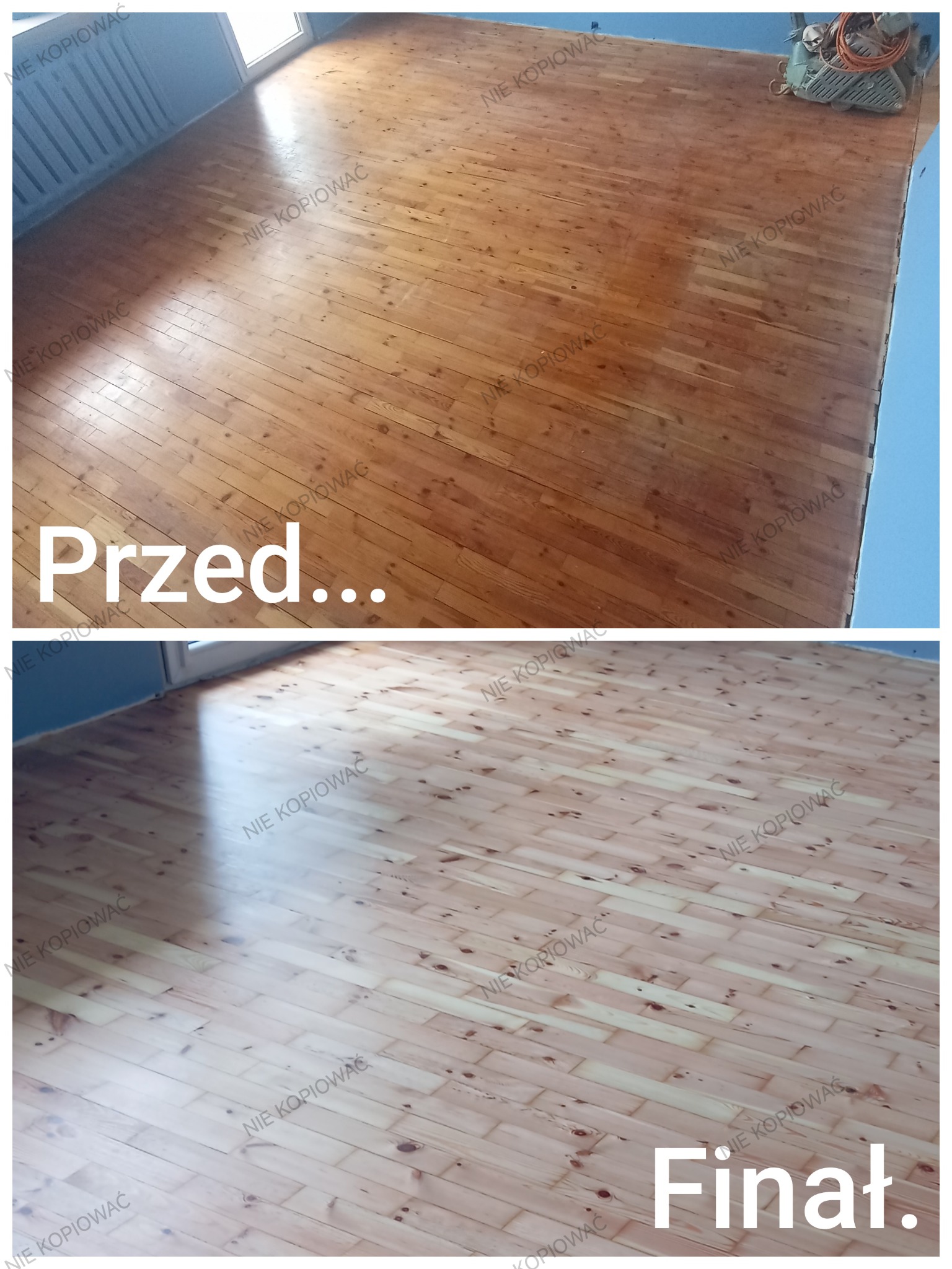 Parkiet sosnowy po renowacji: porównanie stanu przed i po. Górna część zdjęcia ukazuje starą, zniszczoną podłogę, dolna - odnowioną, jasną i gładką powierzchnię.