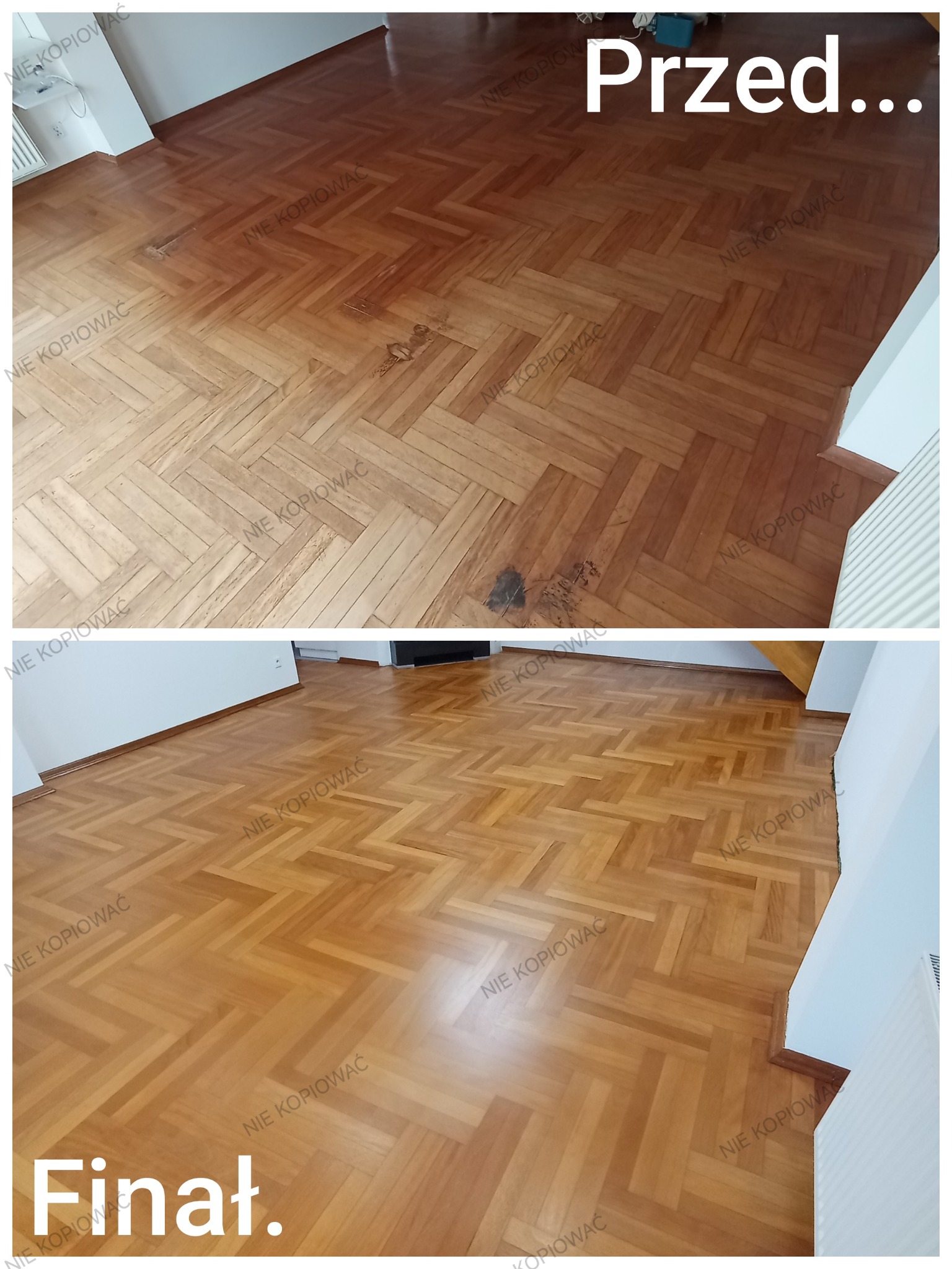 Parkiet ułożony w jodełkę, stan przed i po renowacji. Na górze widoczne plamy i zarysowania, na dole odnowiona, błyszcząca powierzchnia. Kontrastowe ujęcie.