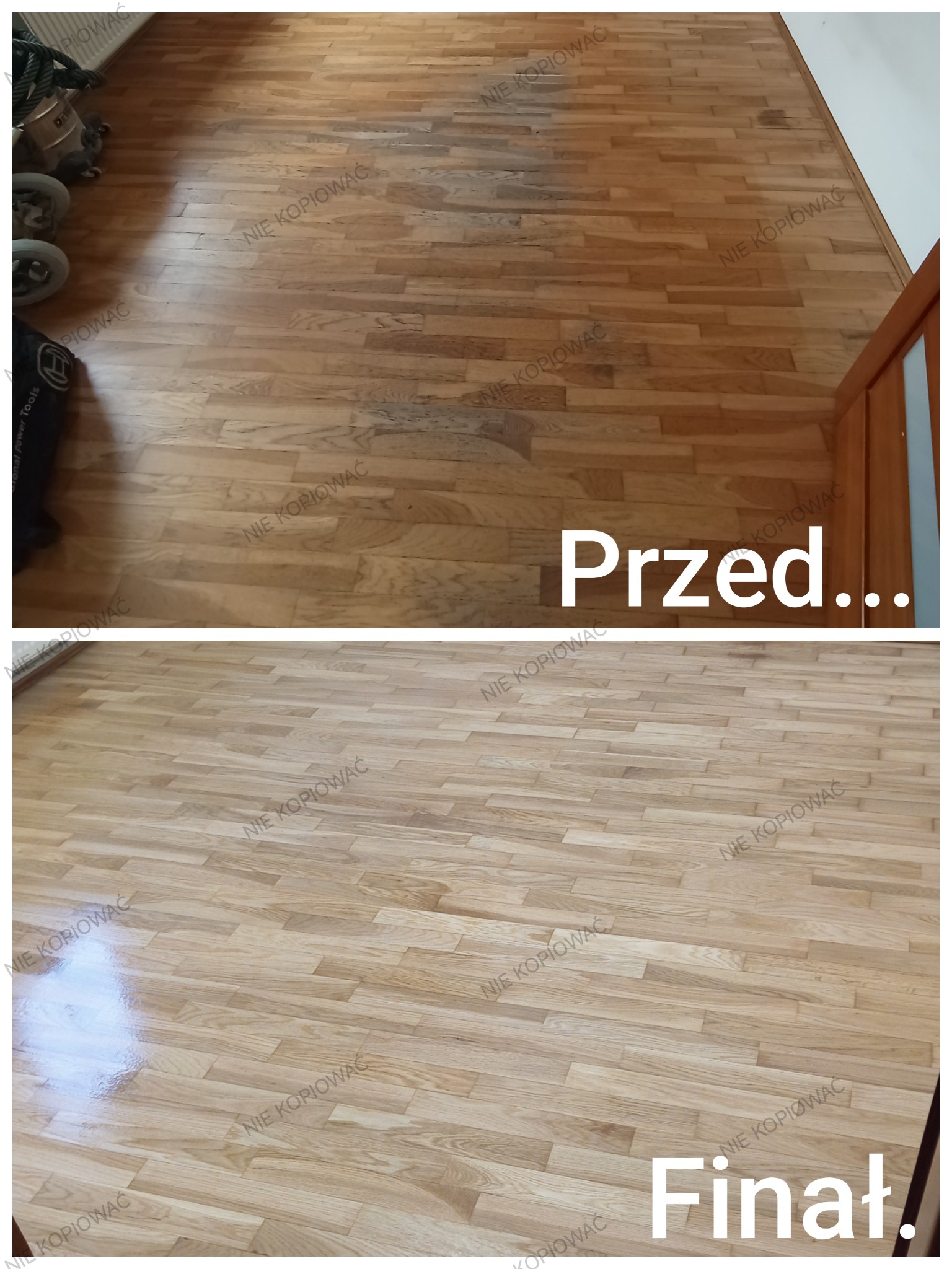 Parkiet drewniany przed i po renowacji. Górna część zdjęcia pokazuje starą, zniszczoną podłogę, dolna - odnowioną, jasną i błyszczącą. Widoczny efekt 'przed i po'.