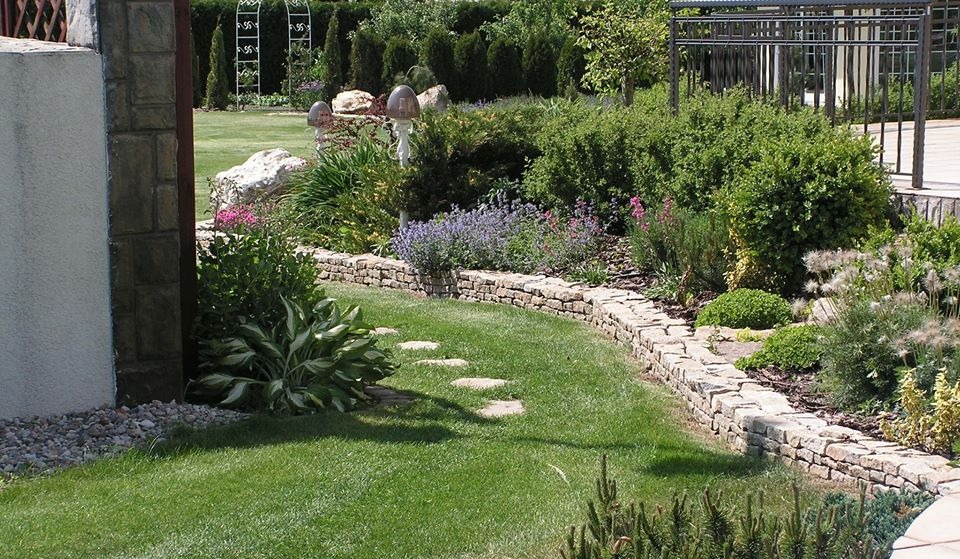 Ogród z niskim kamiennym murkiem, ścieżką z płyt i różnorodną roślinnością, w tle metalowa pergola i dekoracyjne lampy przypominające grzyby.