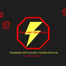 Grafika z logotypem firmy Elektro-Teletech w czerwonym ośmiokącie z żółtą błyskawicą, otoczona ikonami monitoringu, instalacji elektrycznych i teletechnicznych na ciemnym tle, z adresem strony...