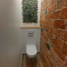 Nowoczesna toaleta podwieszana z panelem spłukującym na tle białej ściany, z dekoracją z roślin i ceglaną ścianą po prawej stronie, na podłodze drewnopodobne płytki.